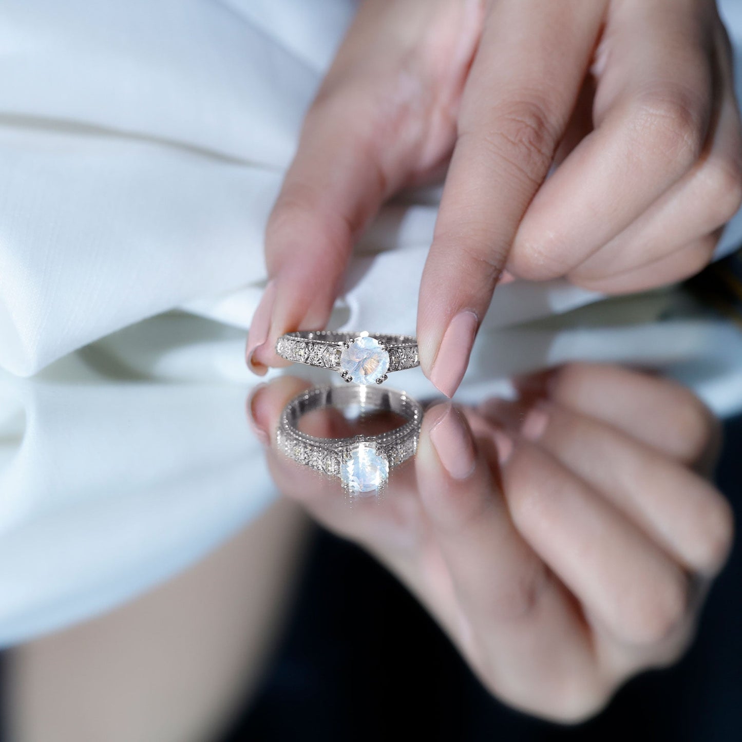 Vintage Style Moonstone and Diamond Flower Engagement Ring