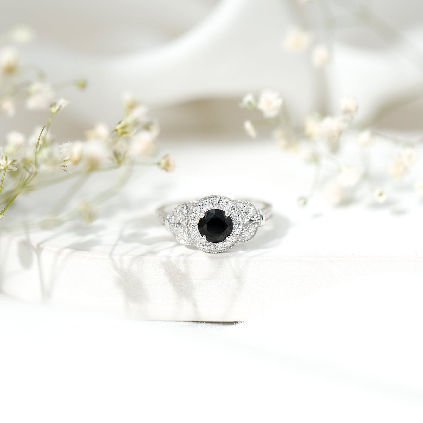 Vintage Looking 1.3 Carat Lab Grown Black Diamond Engagement Ring with White Diamond