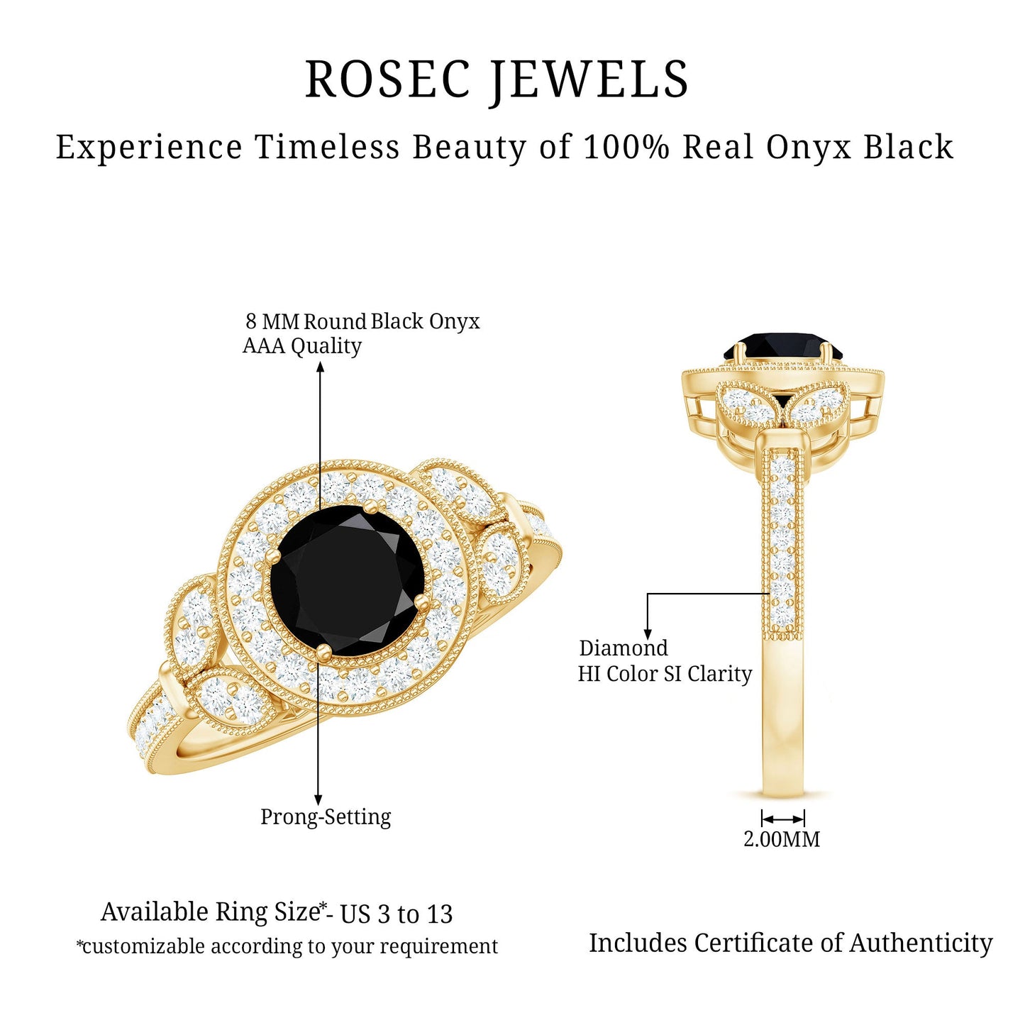 2 Carat Round Black Onyx Vintage Engagement Ring with Diamond Halo