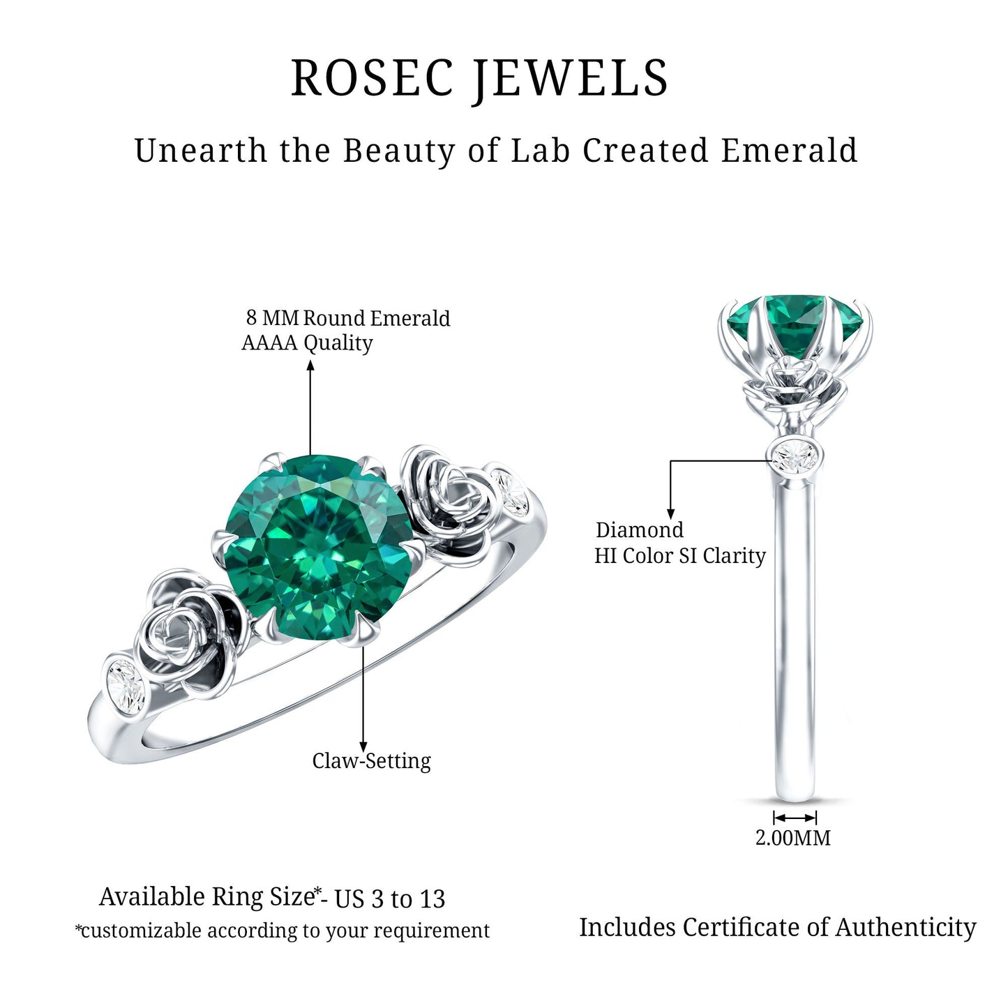 Certified 2 Carat Lab Grown Emerald Diamond Engagement Ring with Flower