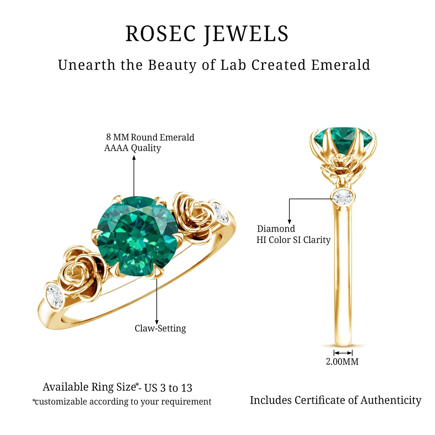 Certified 2 Carat Lab Grown Emerald Diamond Engagement Ring with Flower