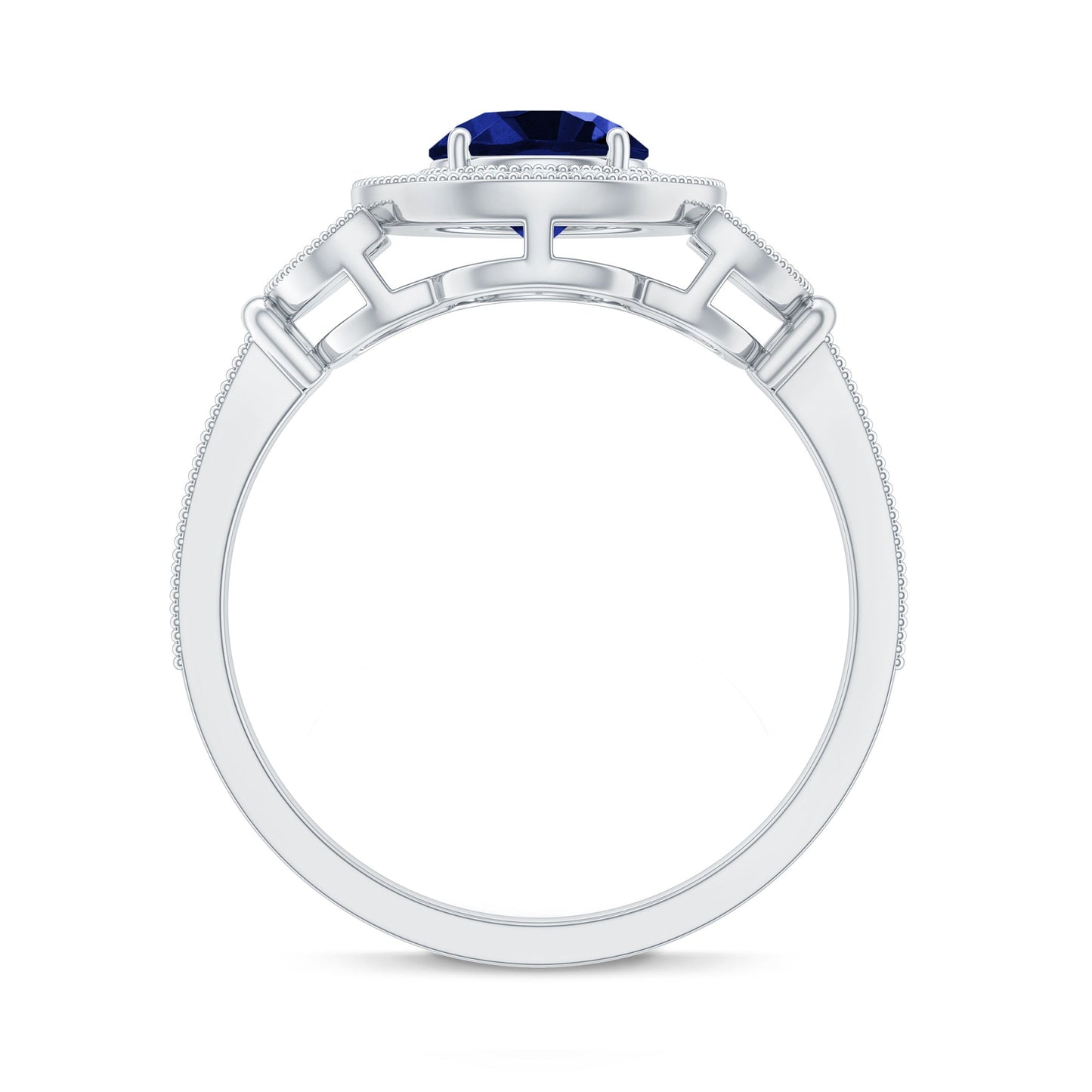 1 Carat Lab Grown Blue Sapphire Engagement Ring with Diamond Floral Halo