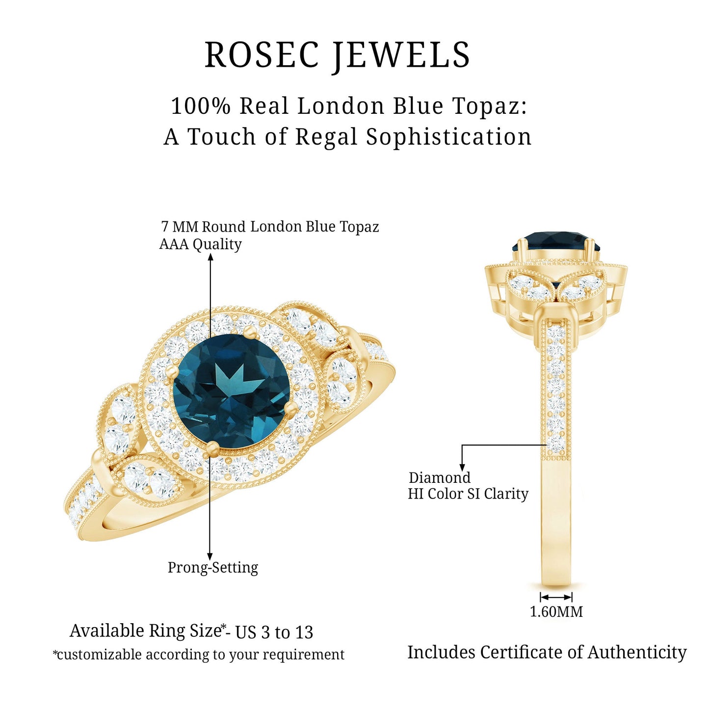 Vintage Inspired London Blue Topaz Engagement Ring with Diamond Halo