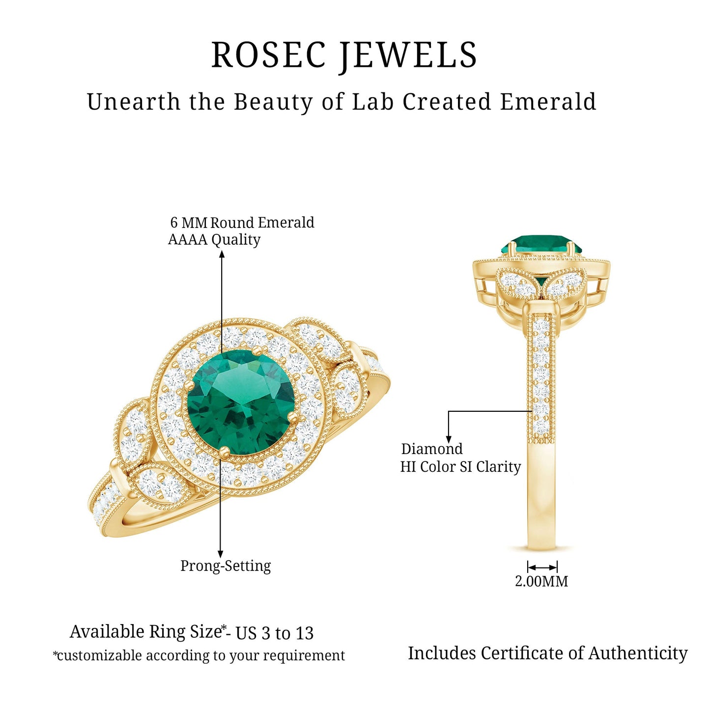 Certified Lab Grown Emerald Retro Engagement Ring with Diamond