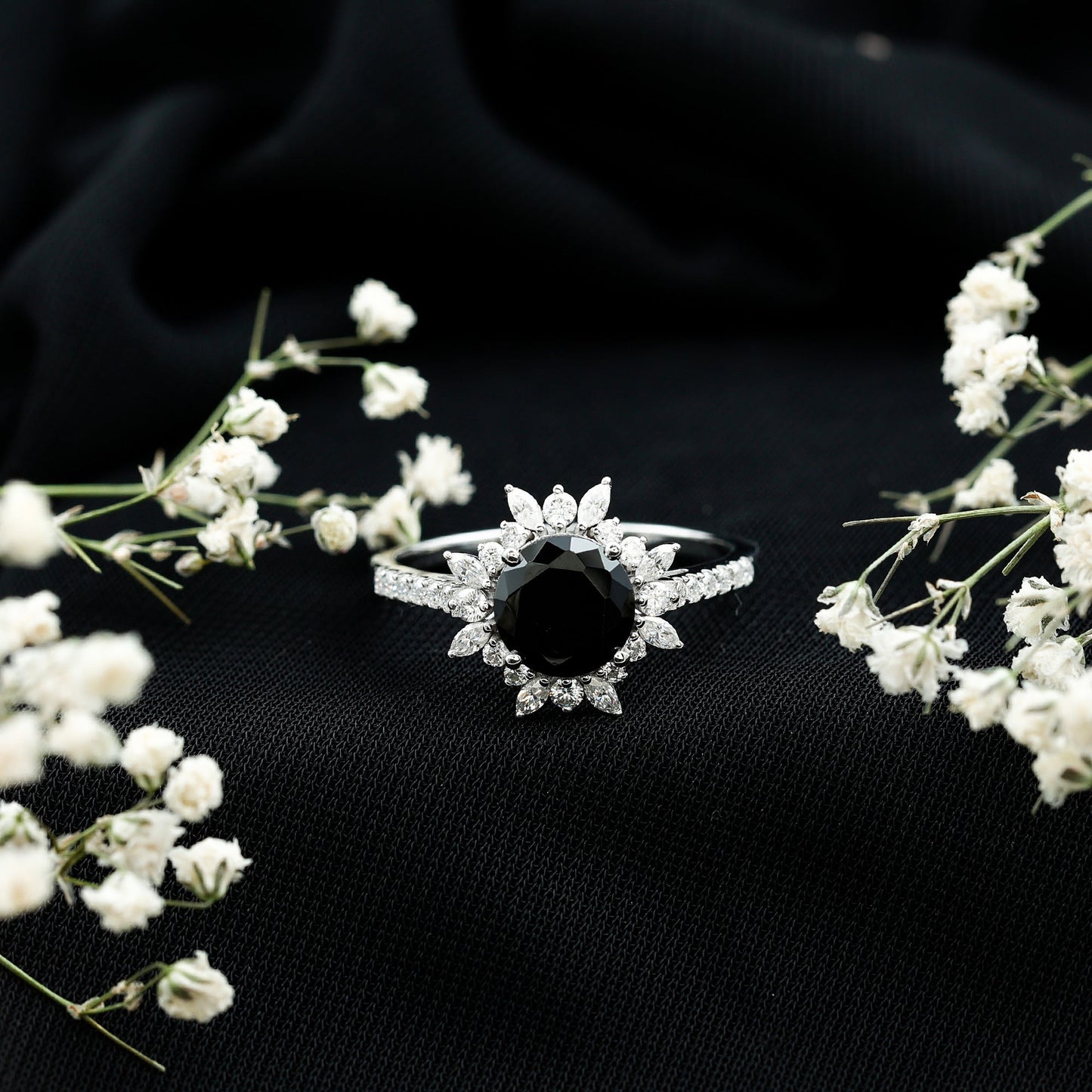 Real Black Spinel Engagement Ring with Moissanite Halo