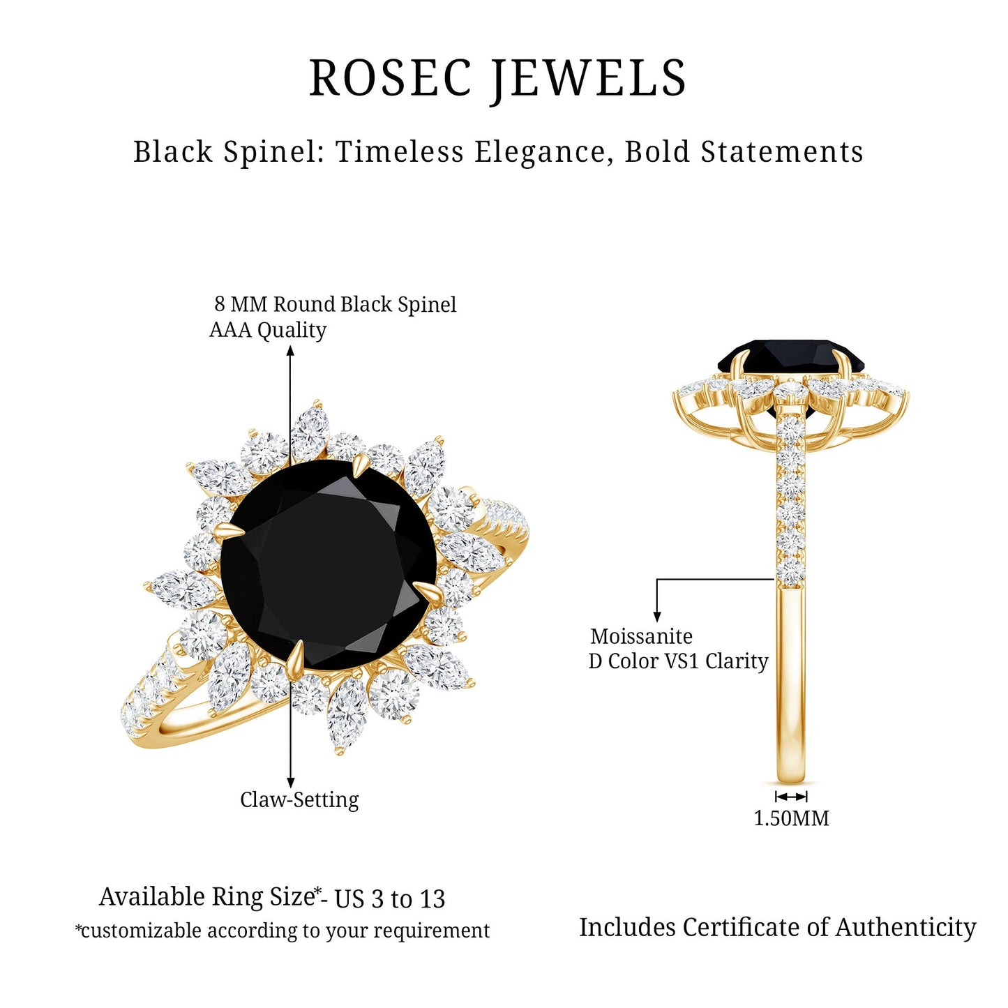 Real Black Spinel Engagement Ring with Moissanite Halo