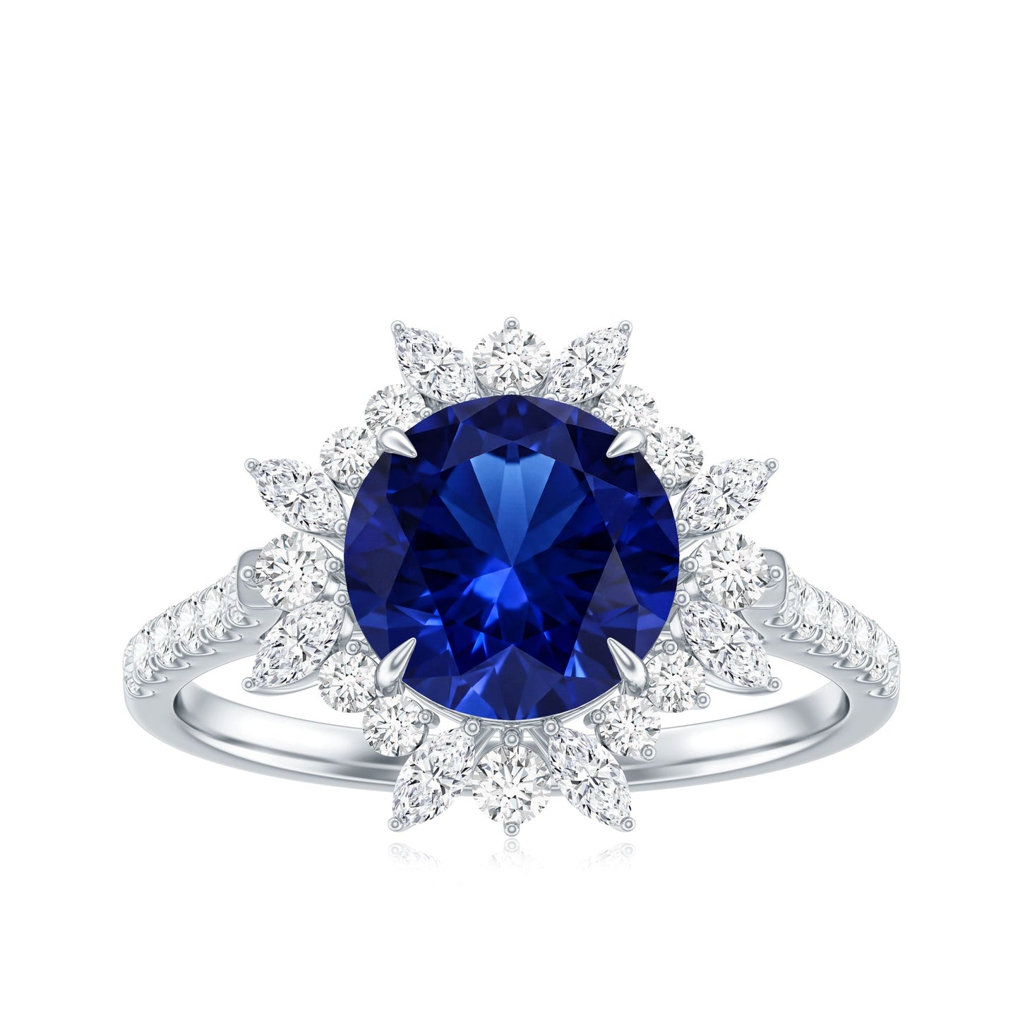 Certified 2.7 Carat Lab Grown Blue Sapphire Engagement Ring with Diamond Halo
