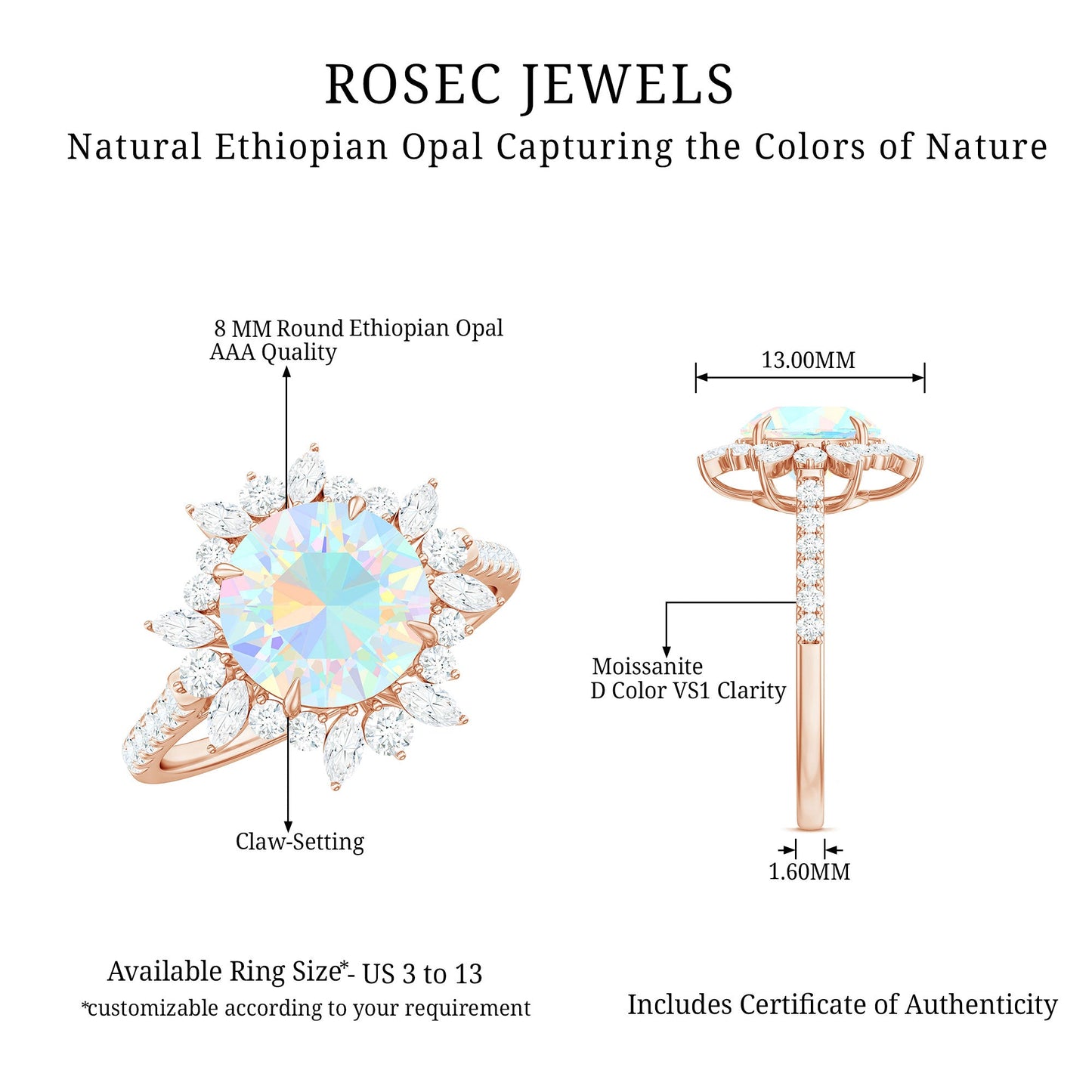 Natural 2 Carat Opalescent Halo Engagement Ring with Moissanite