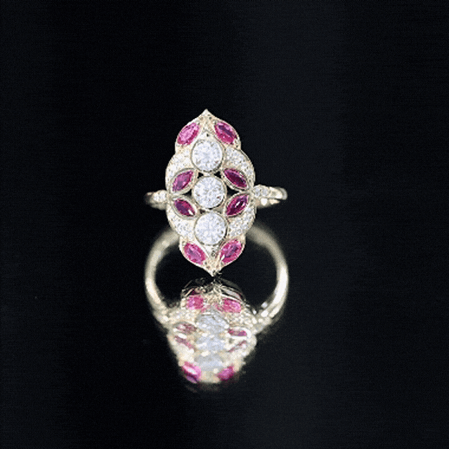 Certified Lab Grown Ruby Art Deco Statement Ring with Moissanite