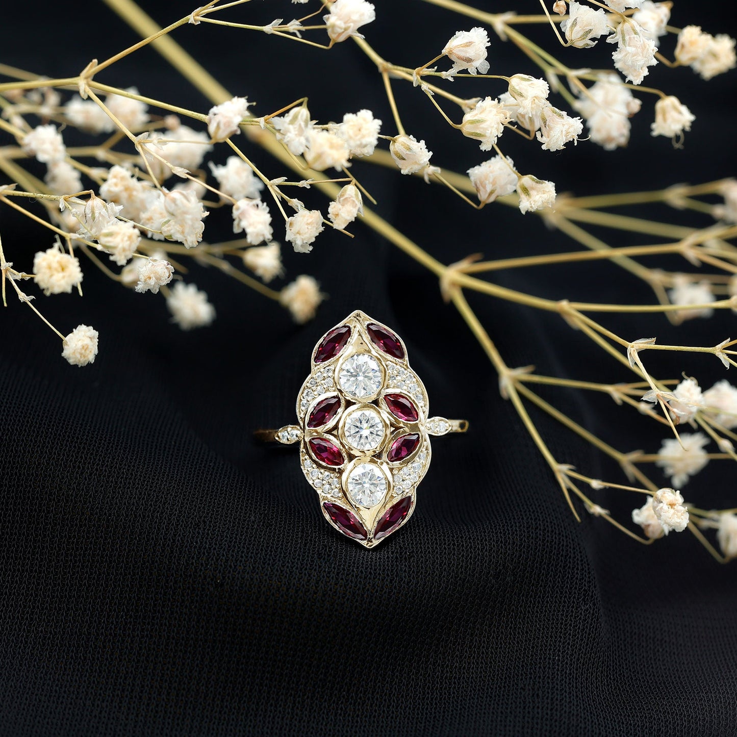 Certified Lab Grown Ruby Art Deco Statement Ring with Moissanite