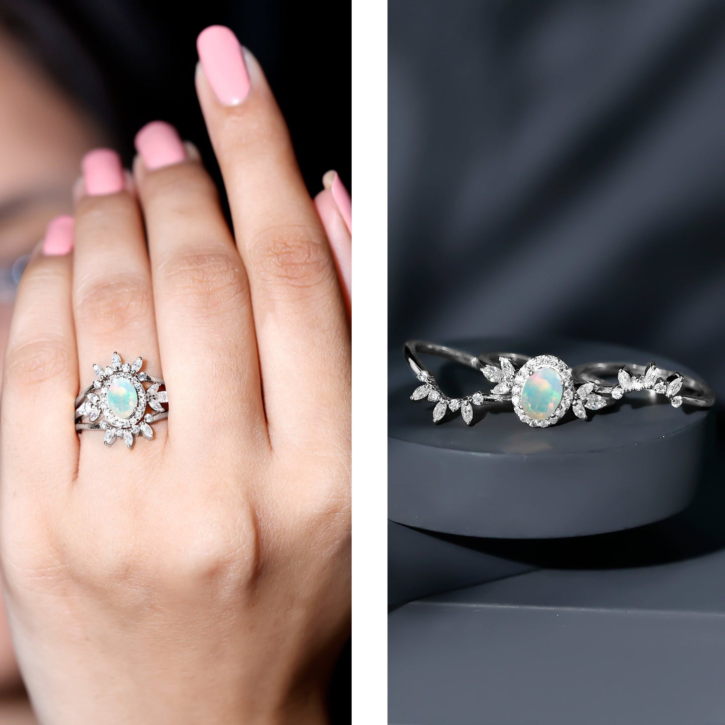 0.9 Carat Natural Certified Ethiopian Opal Engagement Ring Set of 3