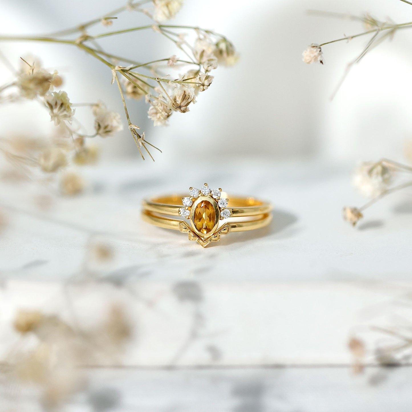 Natural Oval Citrine Promise Ring Set with Diamond
