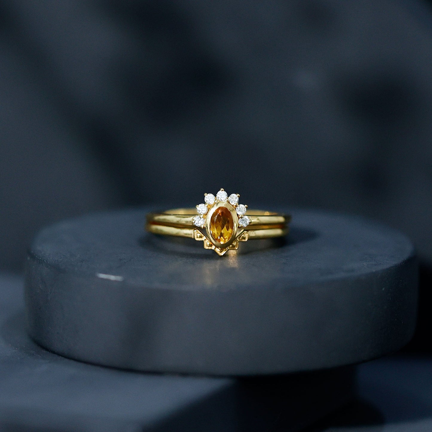 Natural Oval Citrine Promise Ring Set with Diamond