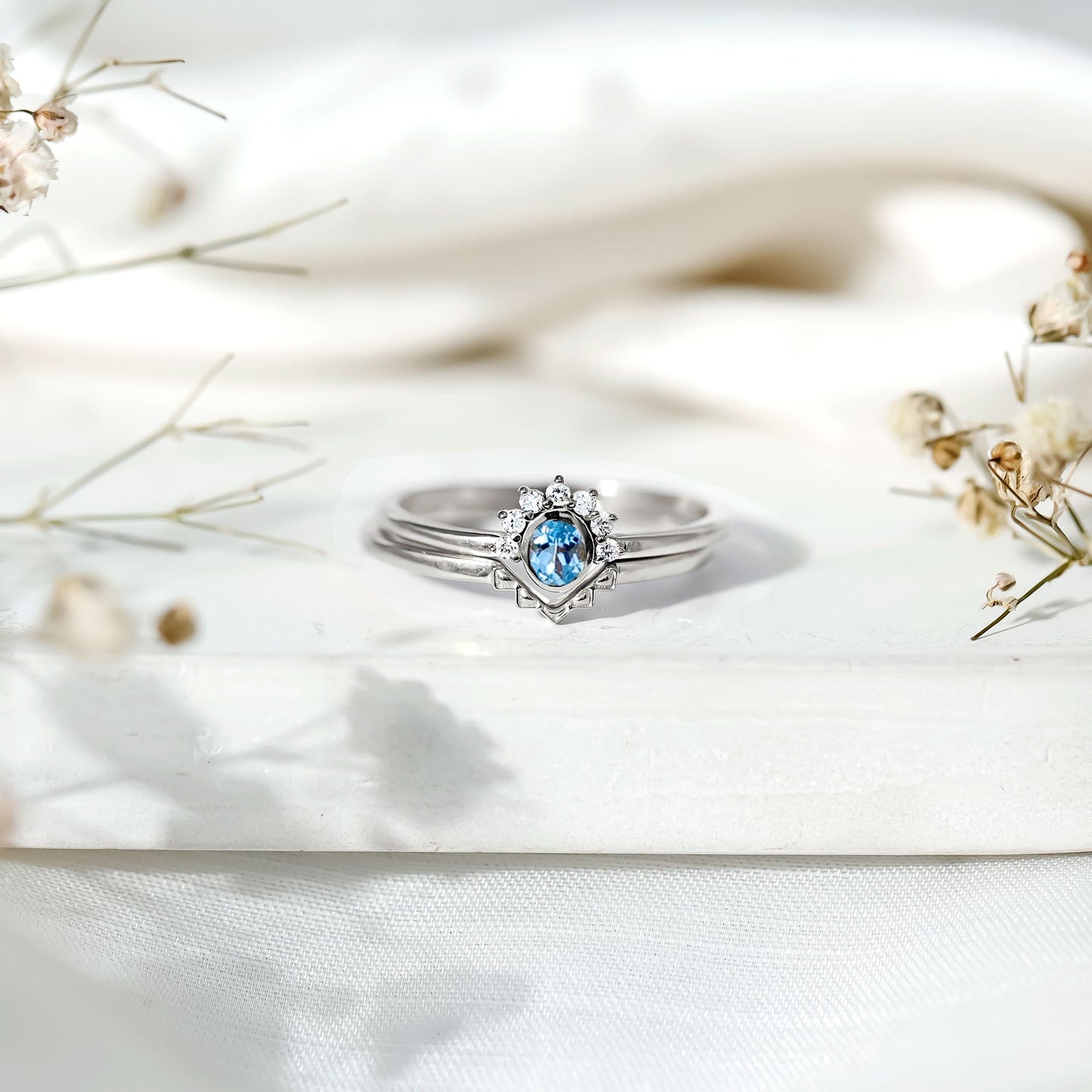 Natural Oval Cut Aquamarine Wedding Ring Set with Diamond Halo