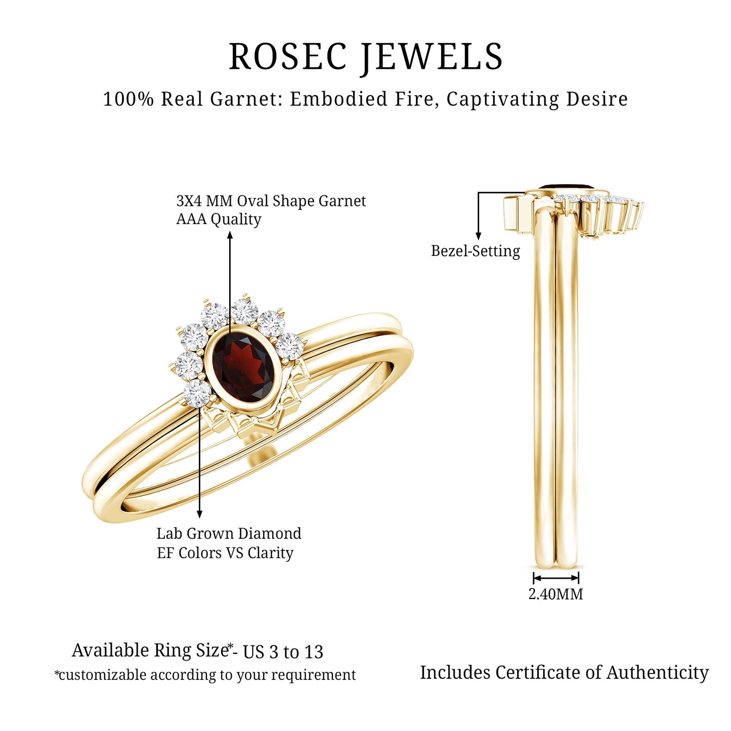 Natural Garnet Diamond Engagement Ring with Enhancer in Gold Plated Silver