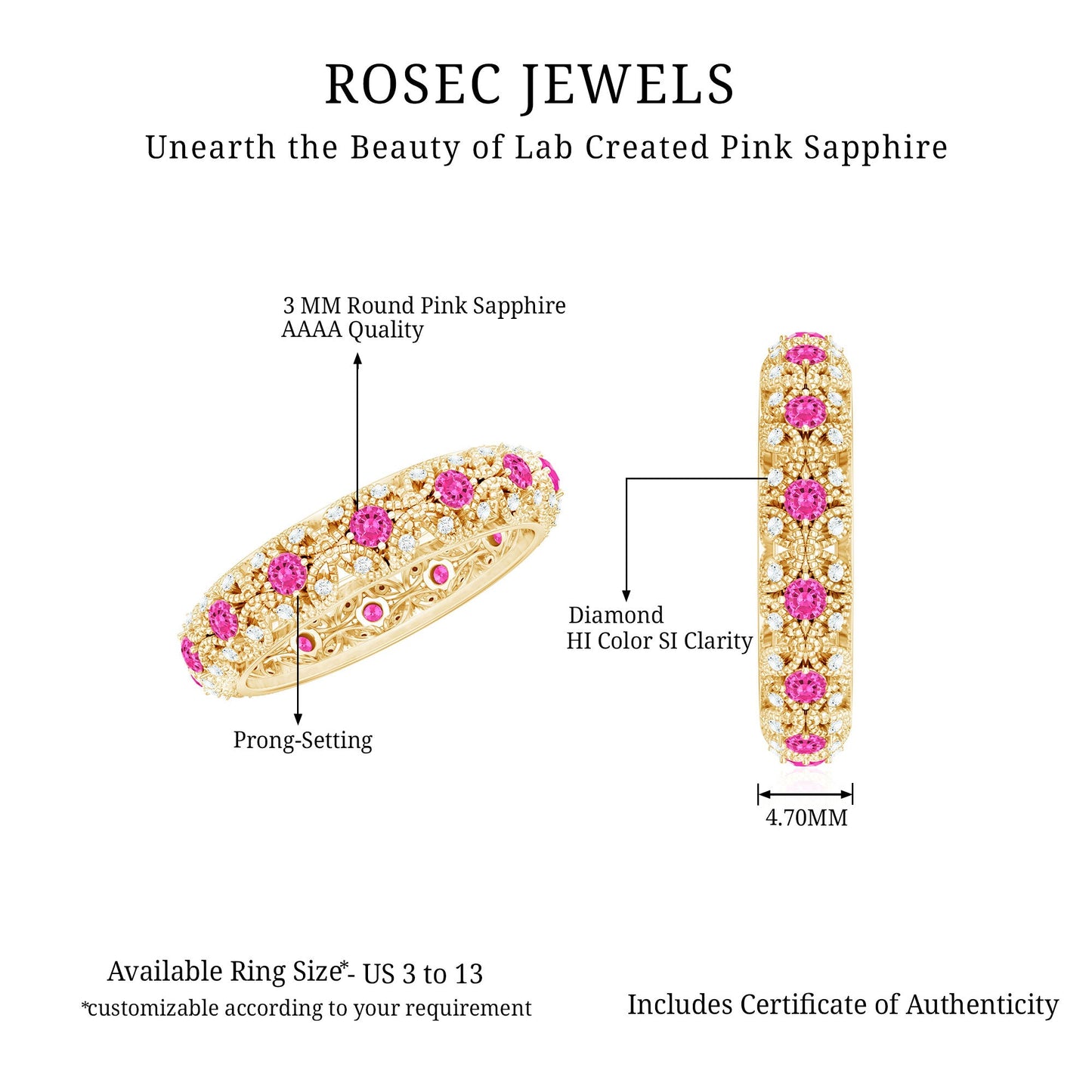 Vintage Inspired Lab Grown Pink Sapphire and Diamond Wedding Band