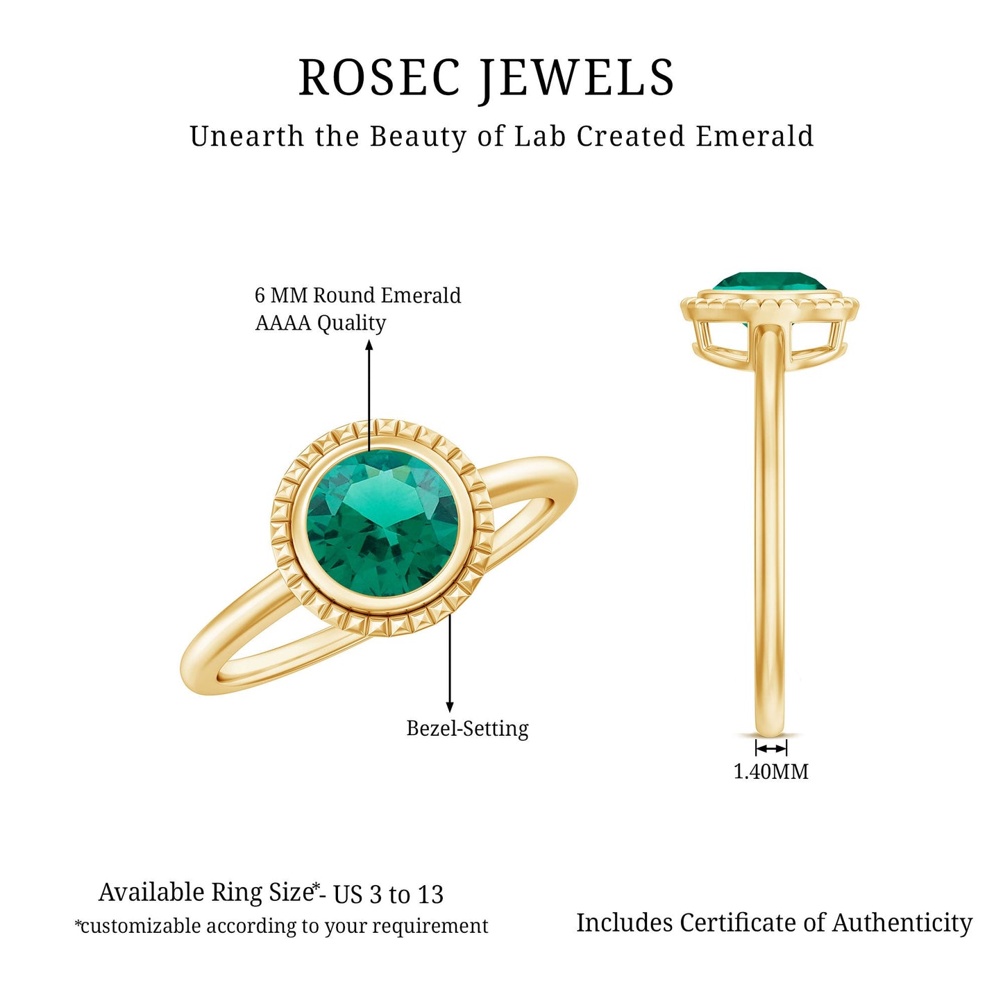 Certified 0.8 Carat Lab Grown Emerald Solitaire Engagement Ring in Bezel Setting