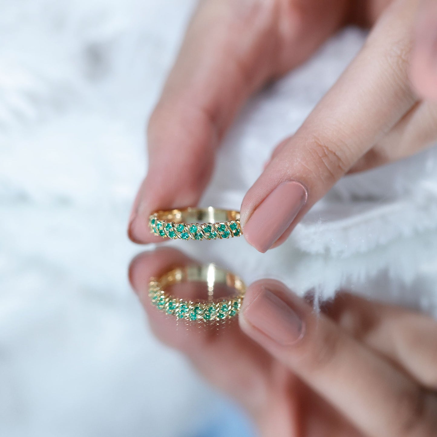 Unique Half Eternity Wedding Band with Round Emeralds