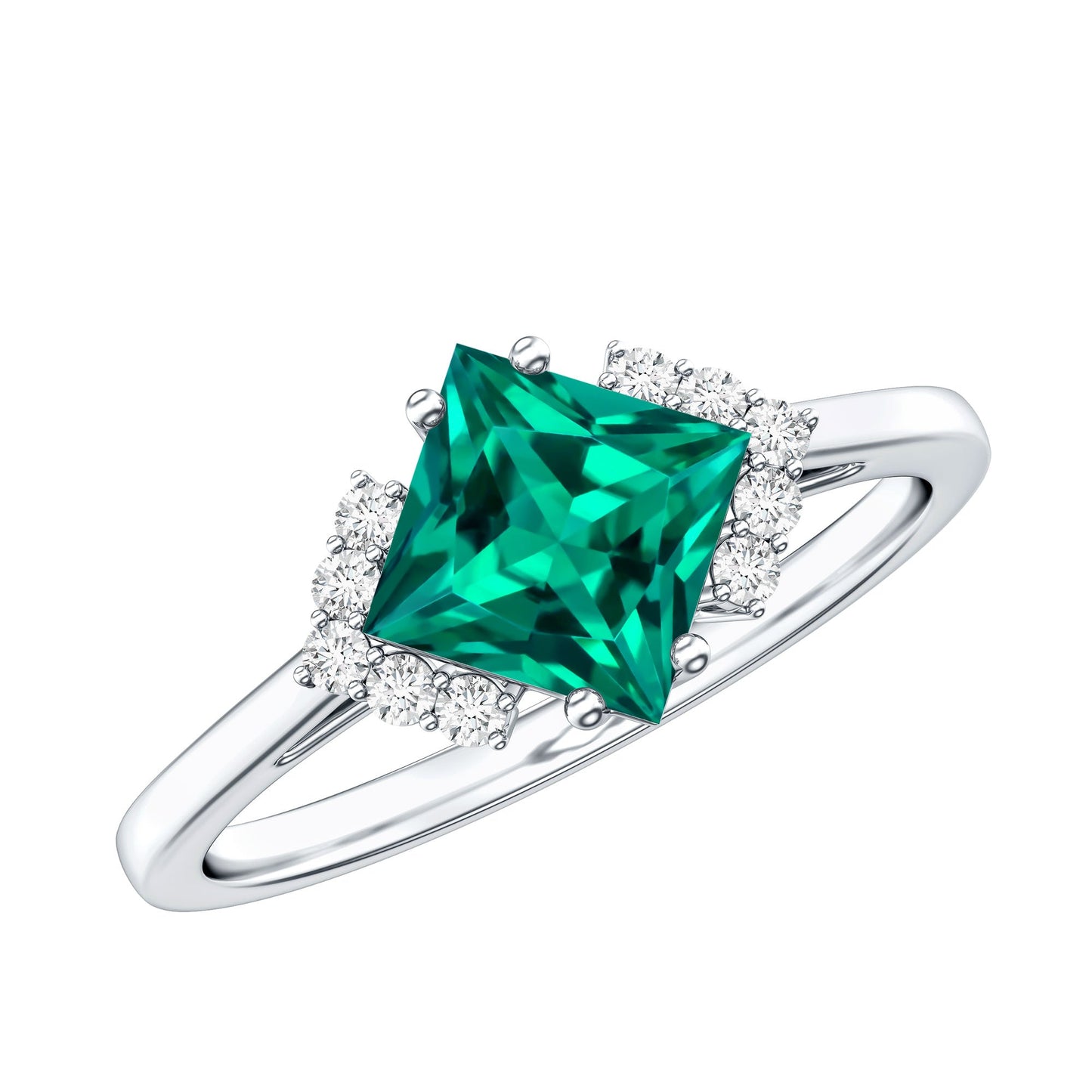 Certified 2.4 Carat Lab Grown Emerald Princess Cut Engagement Ring with Diamond