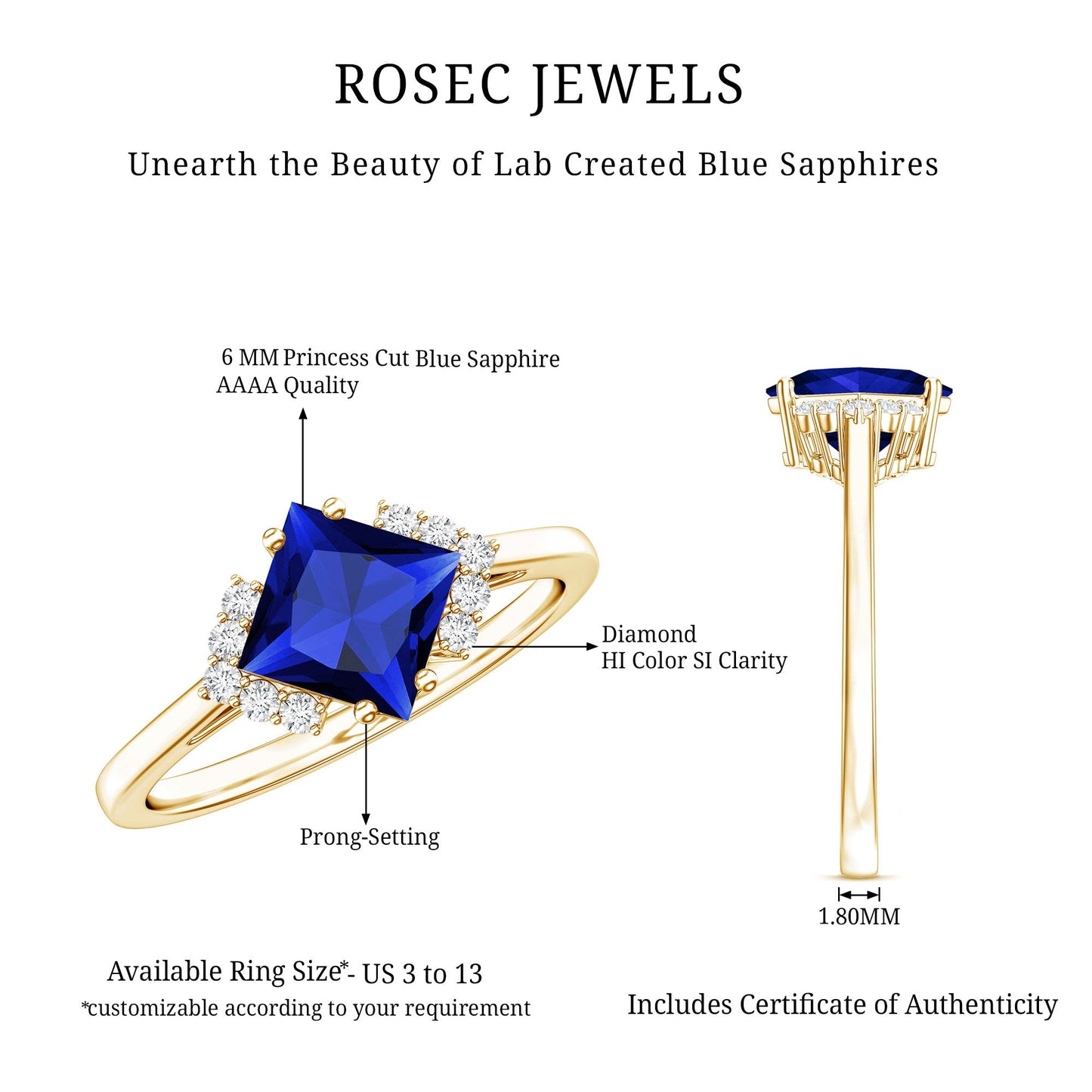 Certified 1.5 Carat Princess Cut Lab Grown Blue Sapphire Engagement Ring with Diamond