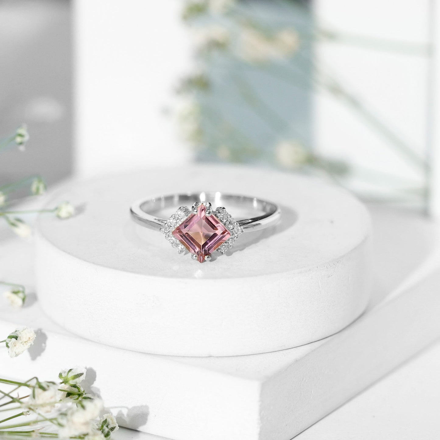 Princess Cut Pink Tourmaline Engagement Ring with Diamond Accent