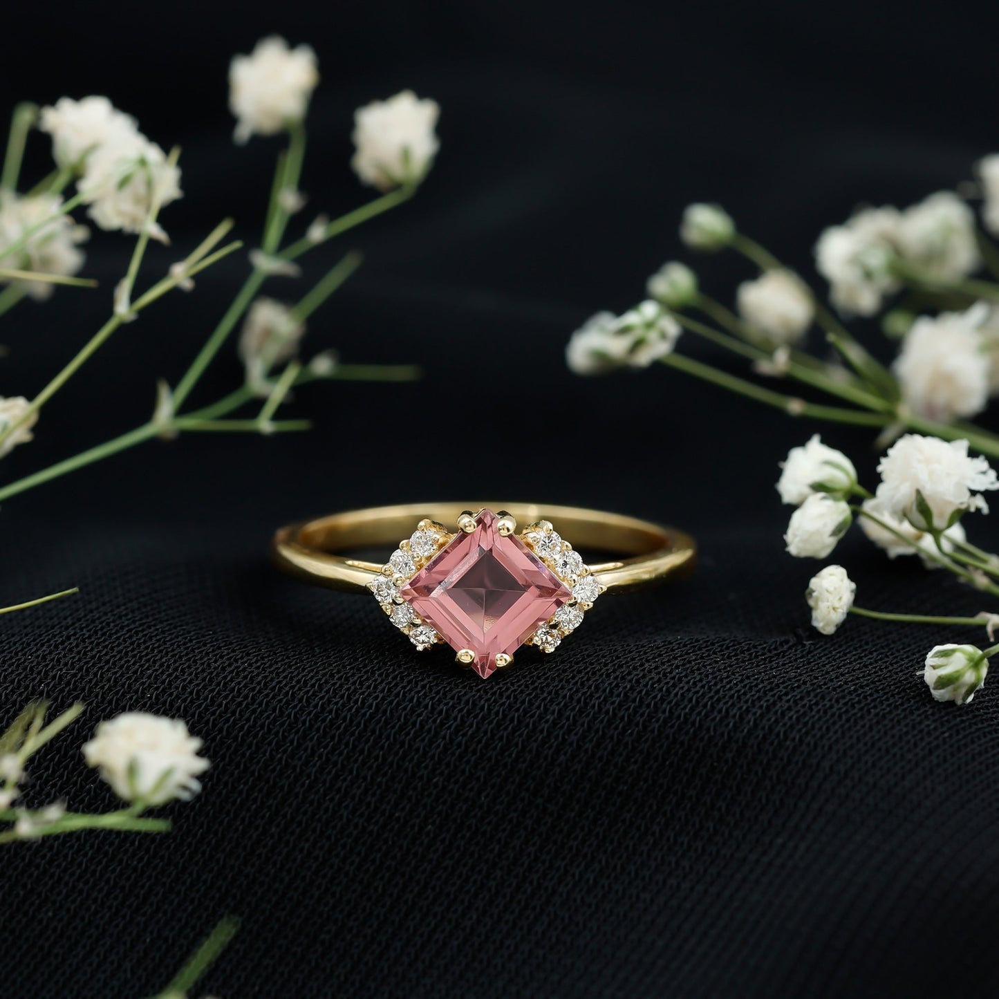 Princess Cut Pink Tourmaline Engagement Ring with Diamond Accent