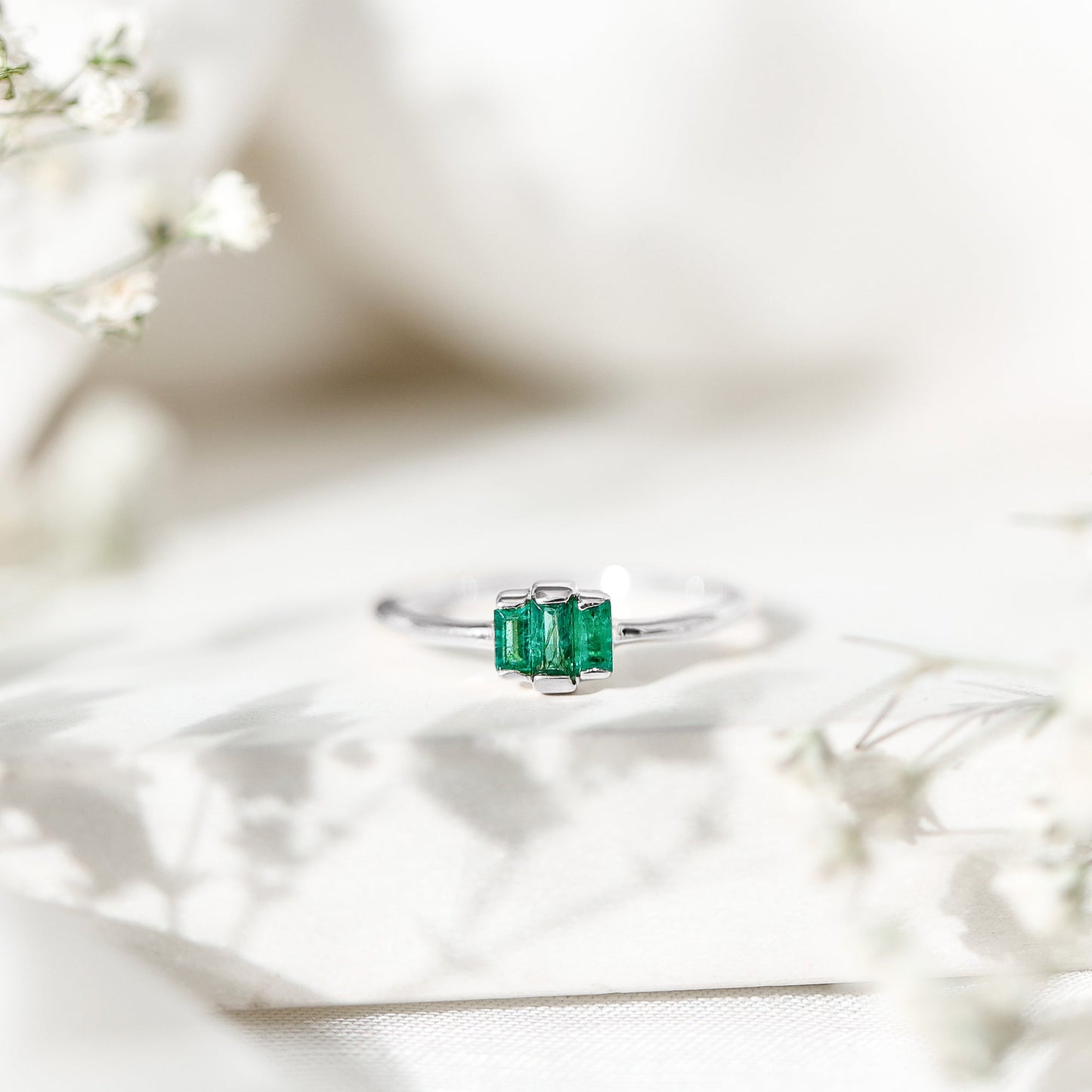 Baguette Cut Natural Emerald Three Stone Ring