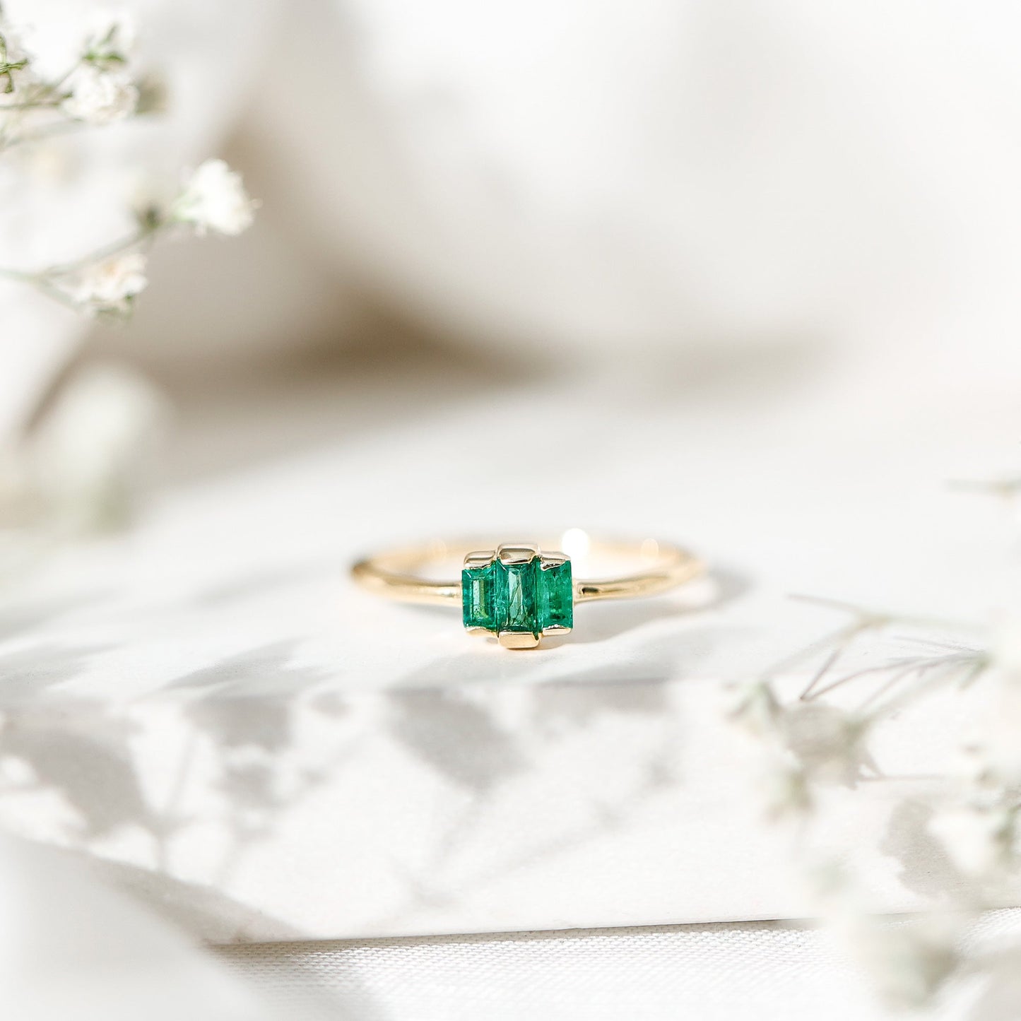 Baguette Cut Natural Emerald Three Stone Ring