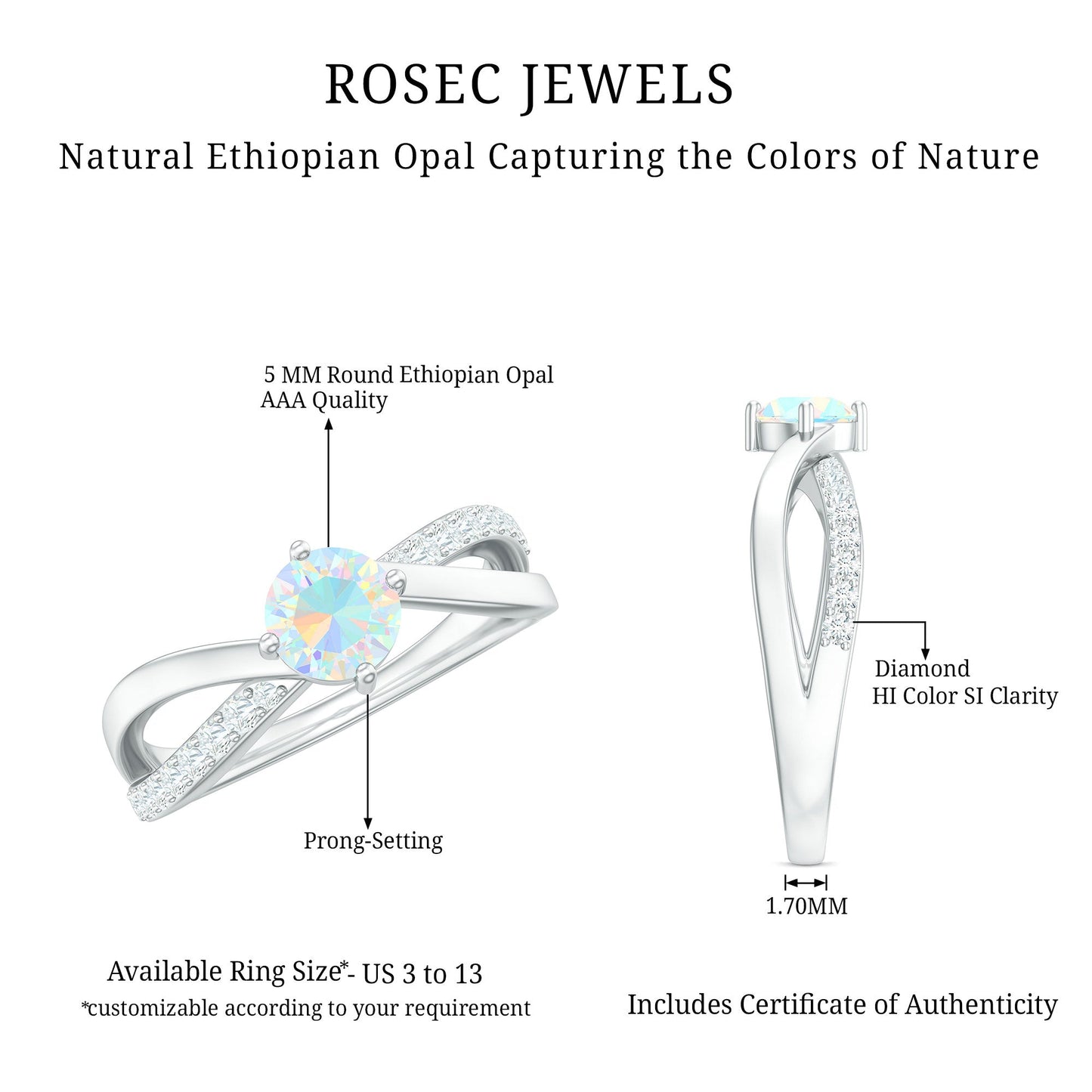 Natural Ethiopian Rainbow Opal Diamond Engagement Ring with Twisted Shank