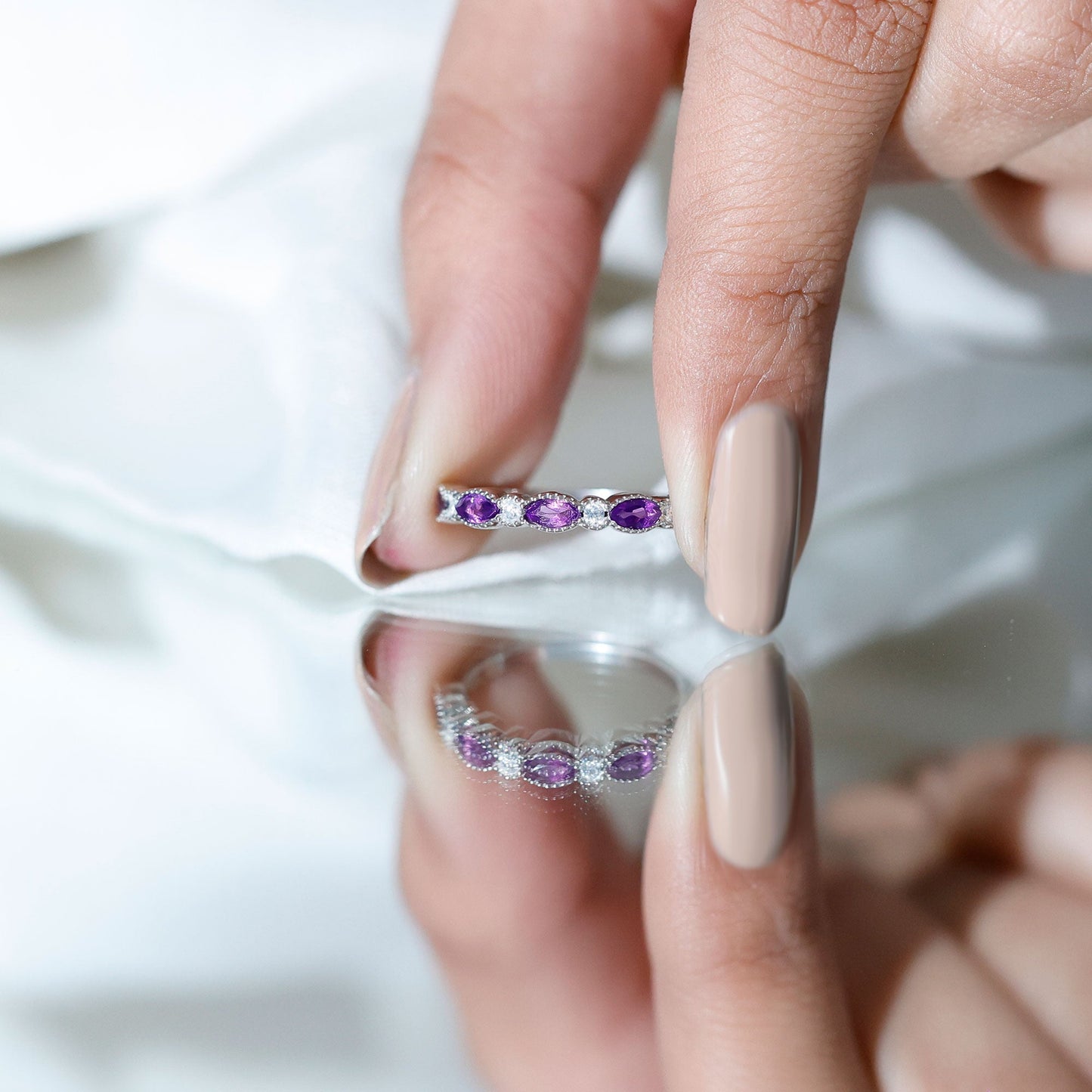 Real Marquise Cut Amethyst Eternity Anniversary Ring in Silver