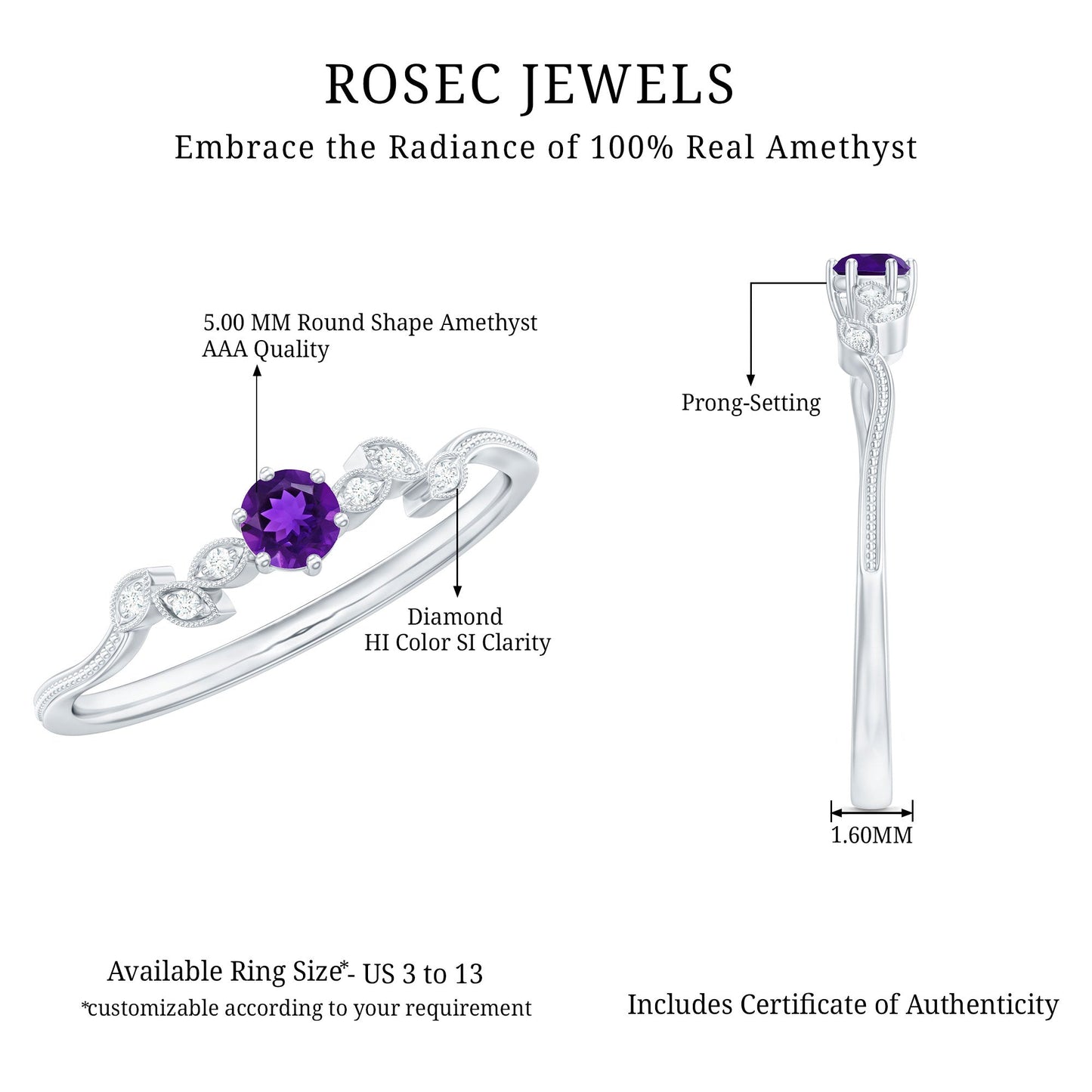 Amethyst and Diamond Leaf Promise Ring with Beaded Detailing