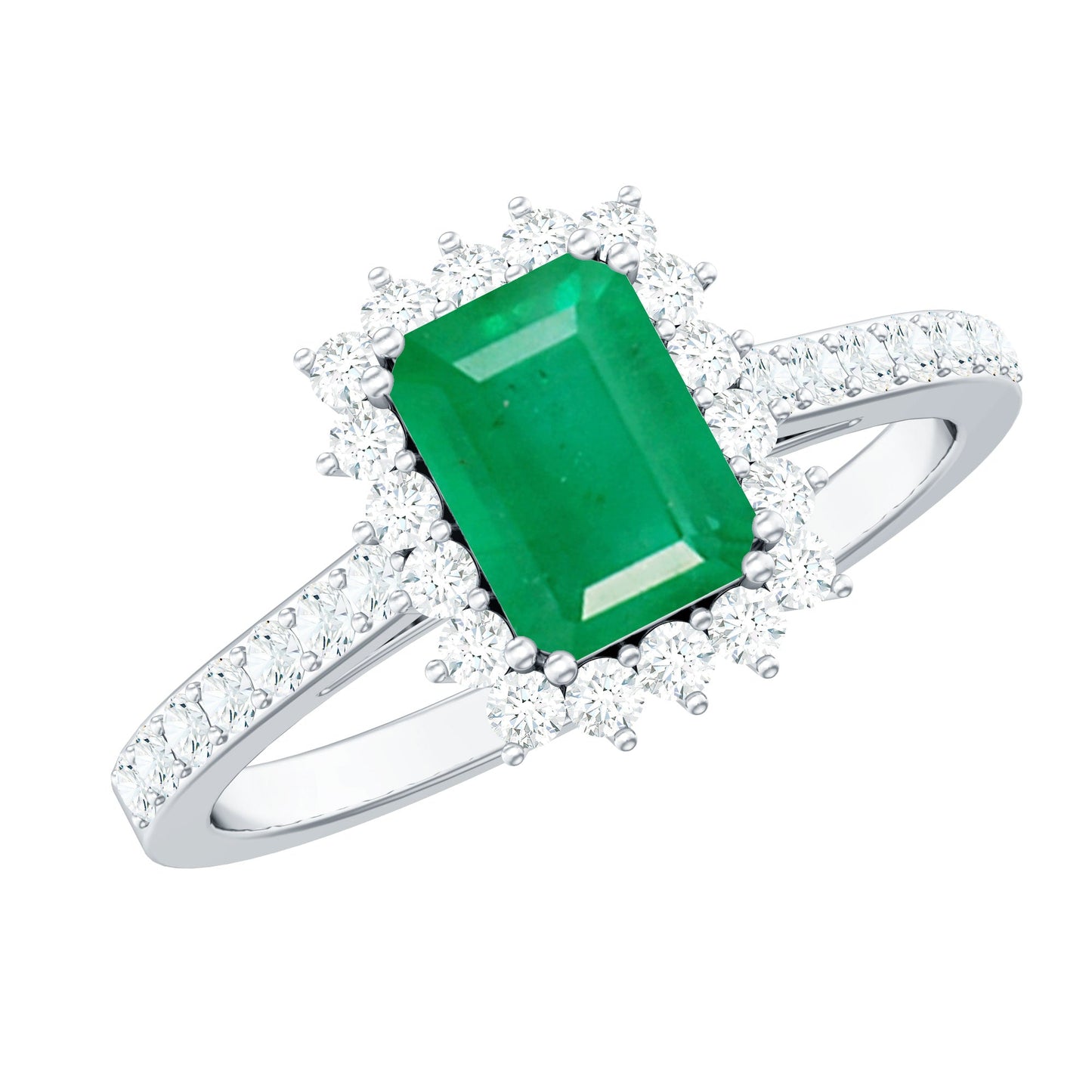 Natural Emerald Cut Emerald Engagement Ring with Diamond Halo