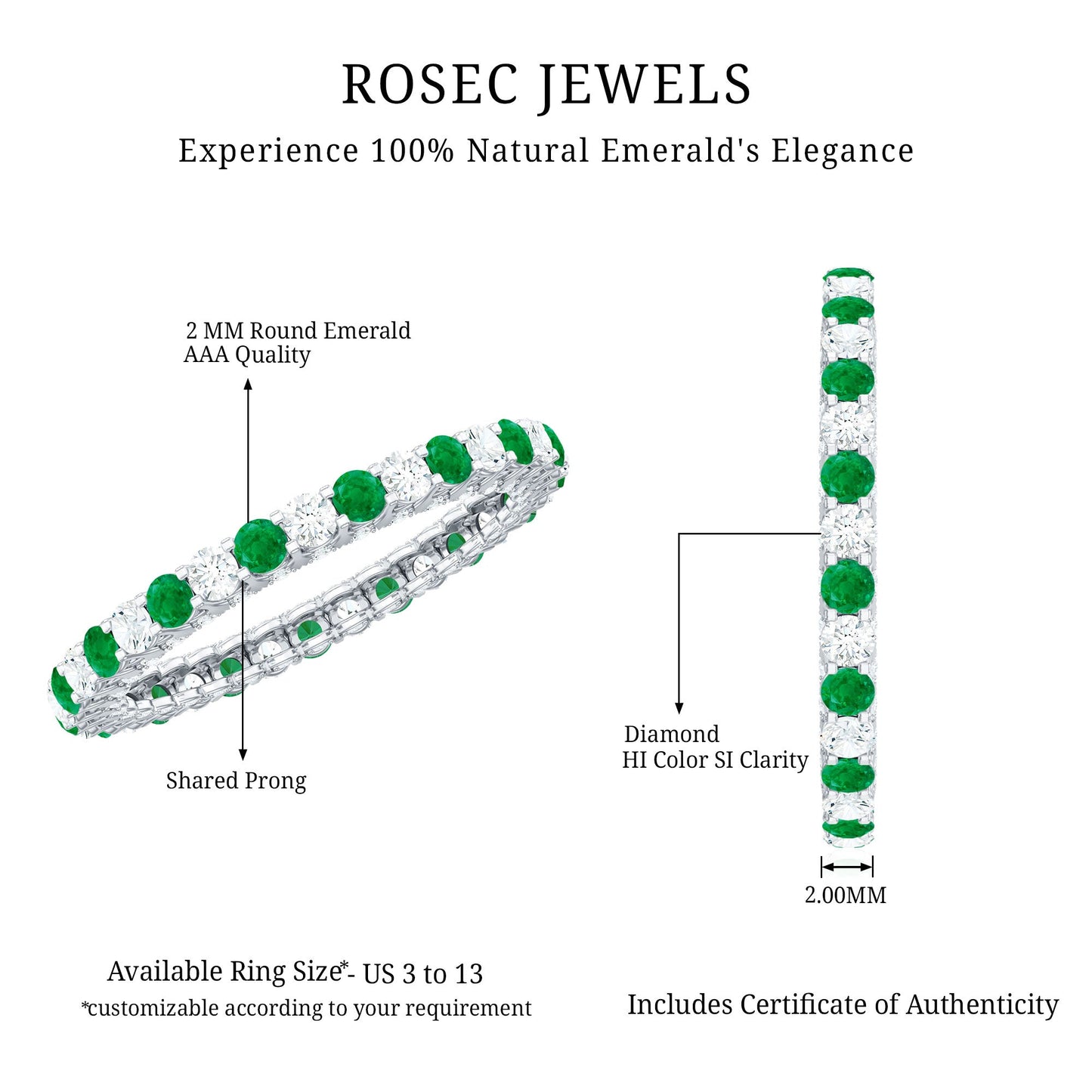 Alternate Round Emerald and Diamond Eternity Stackable Ring
