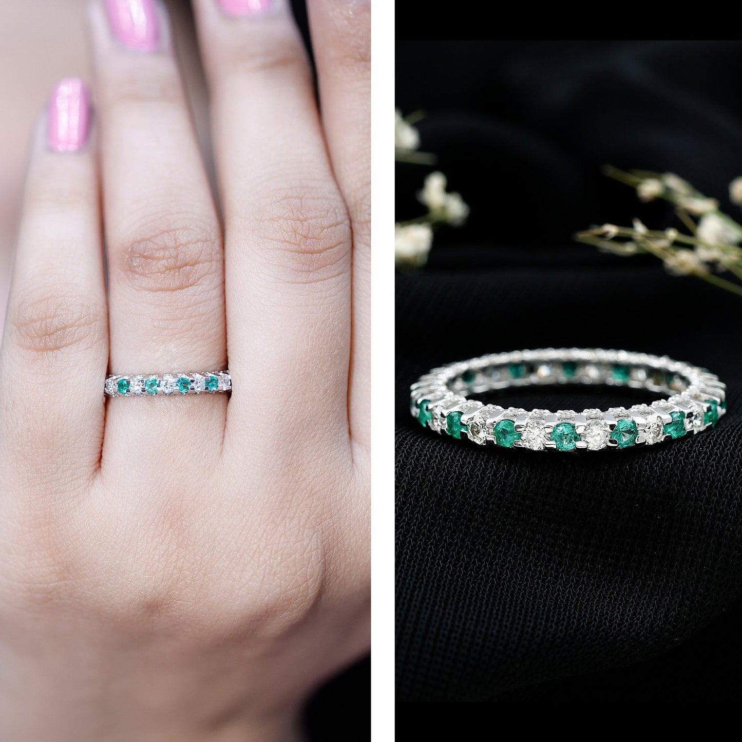 Alternate Round Emerald and Diamond Eternity Stackable Ring