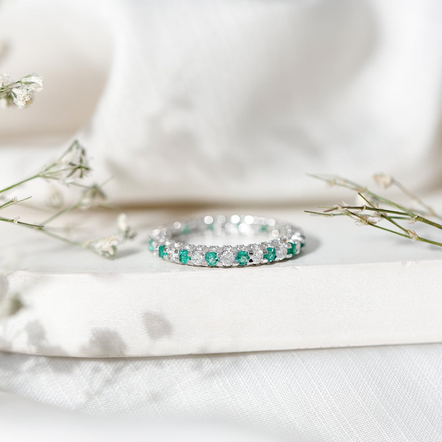 Alternate Round Emerald and Diamond Eternity Stackable Ring