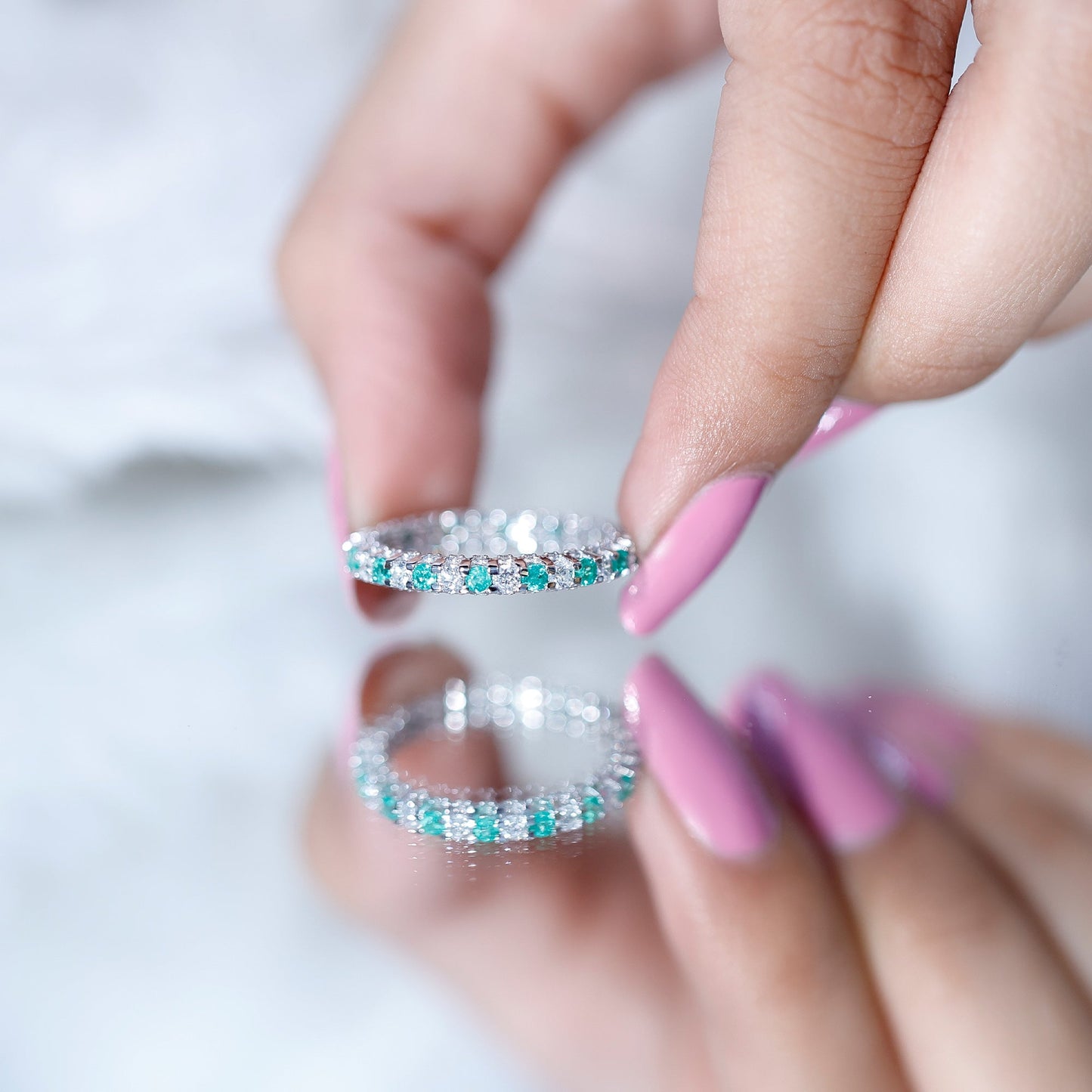 Alternate Round Emerald and Diamond Eternity Stackable Ring