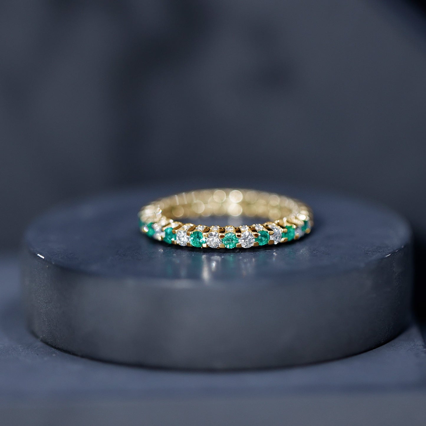 Alternate Round Emerald and Diamond Eternity Stackable Ring