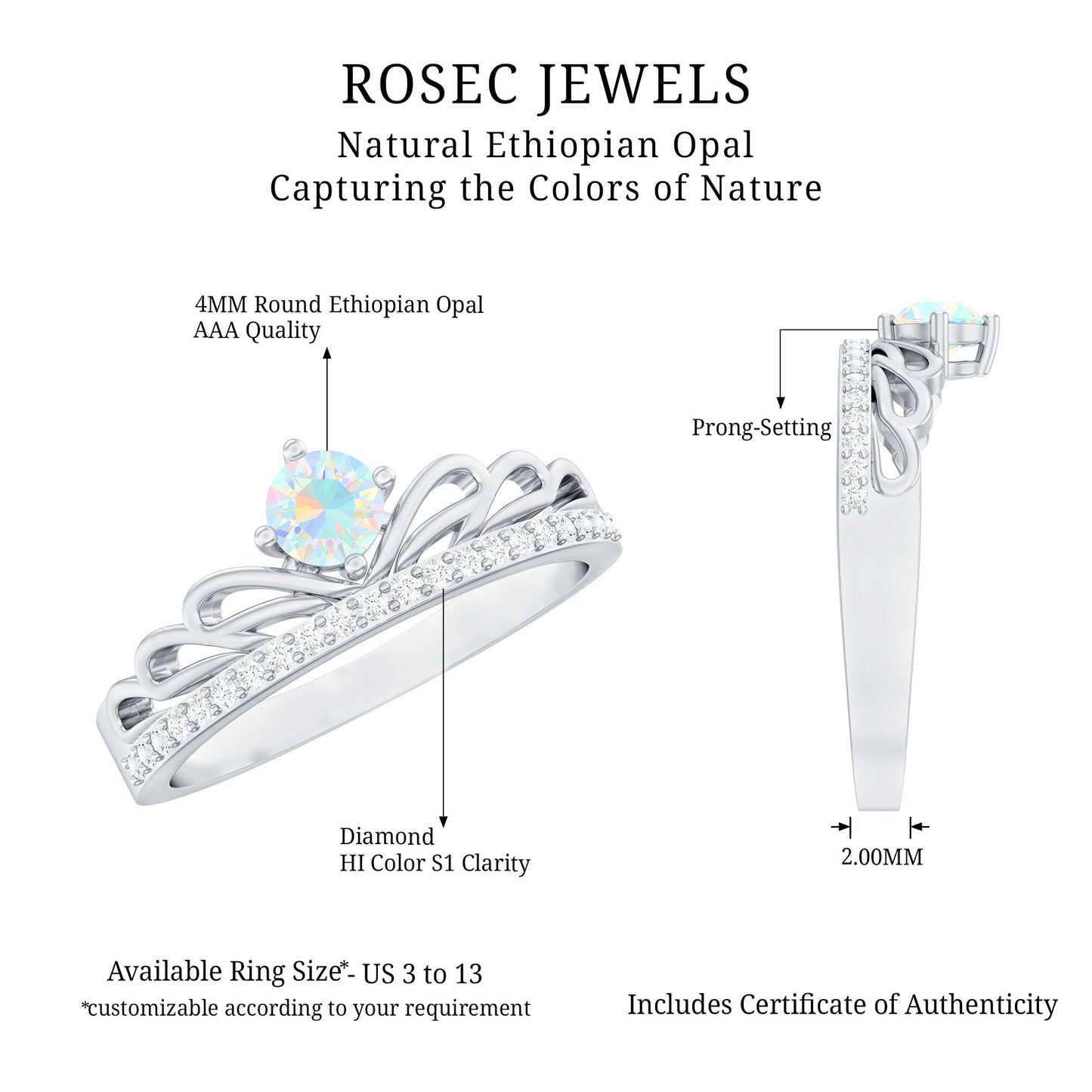 Natural Ethiopian Rainbow Opal Crown Promise Ring with Diamond