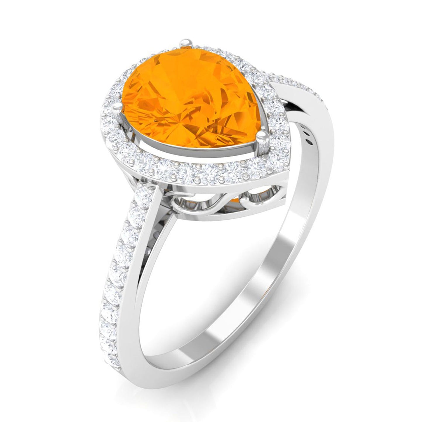 Real 0.6 Carat Fire Opal Teardrop Engagement Ring with Diamond Halo