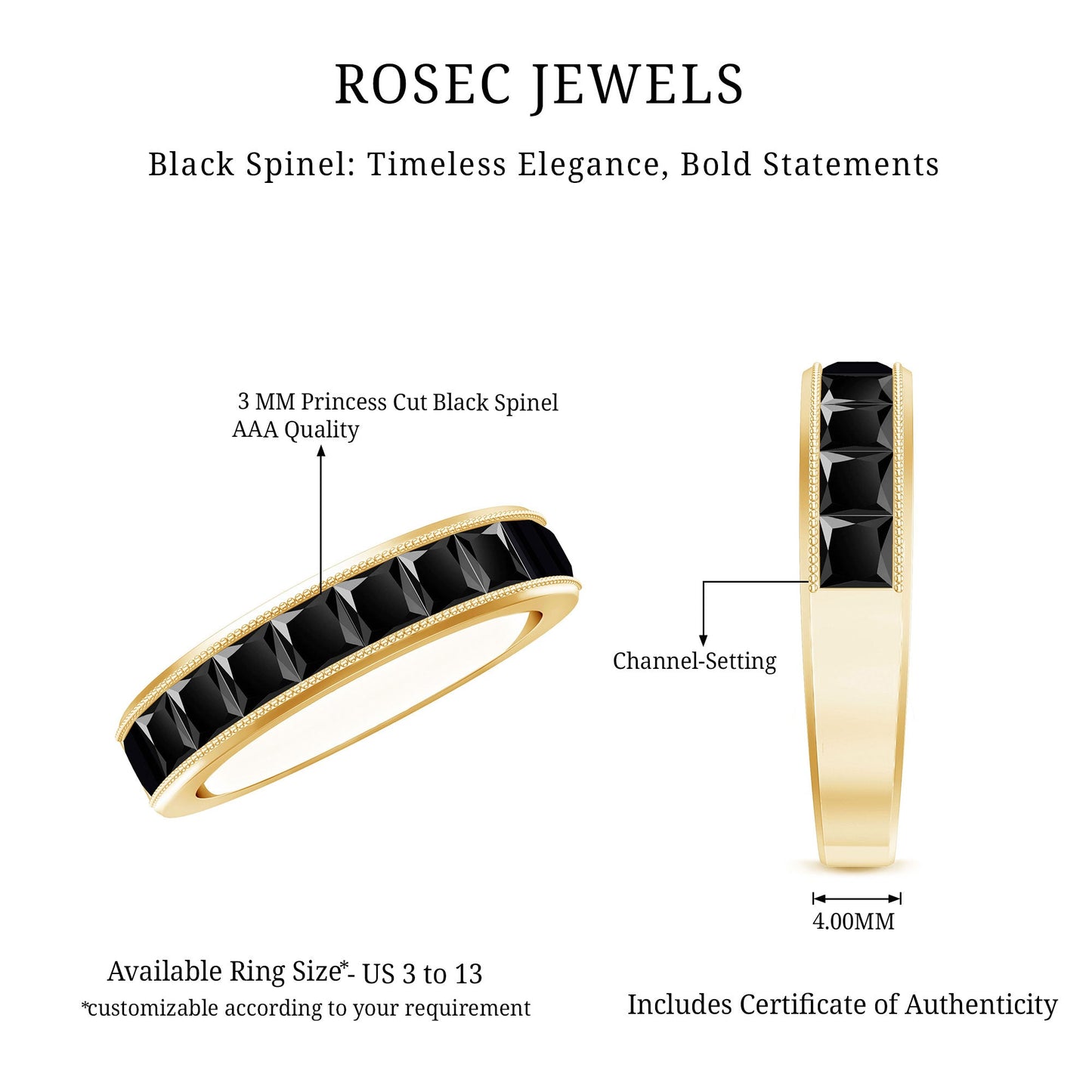 Princess Cut Black Spinel Half Eternity Band Ring
