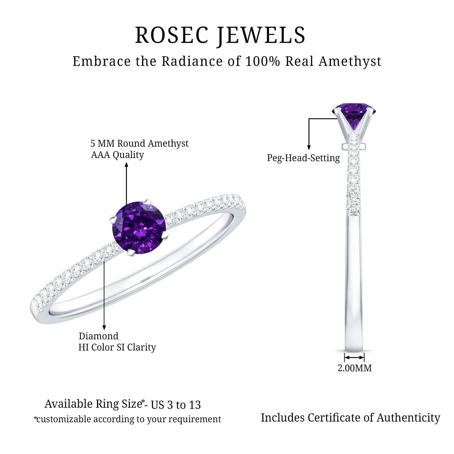 Real Amethyst Promise Ring with Diamond for Women
