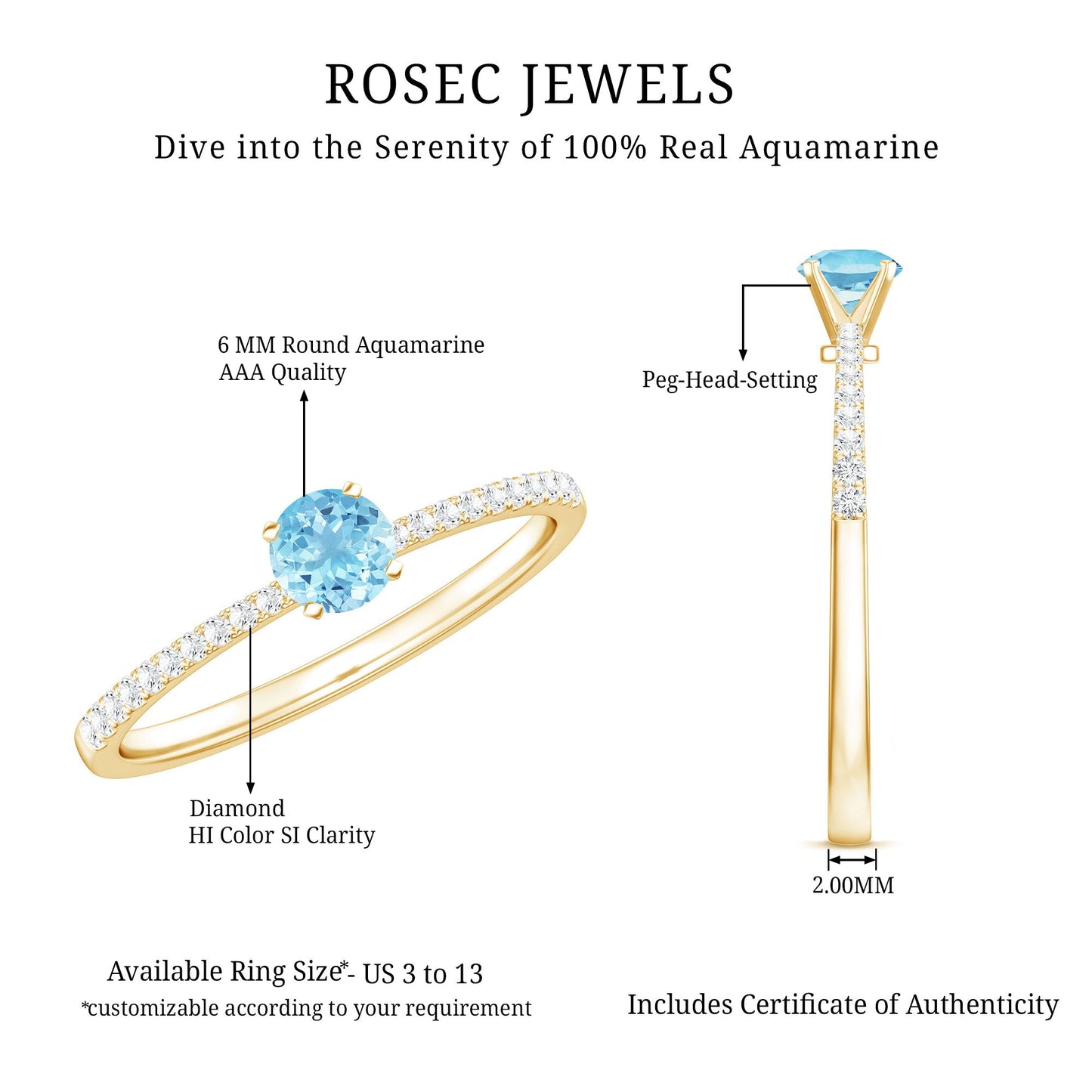 Natural Aquamarine Promise Ring with Diamond Side Stones