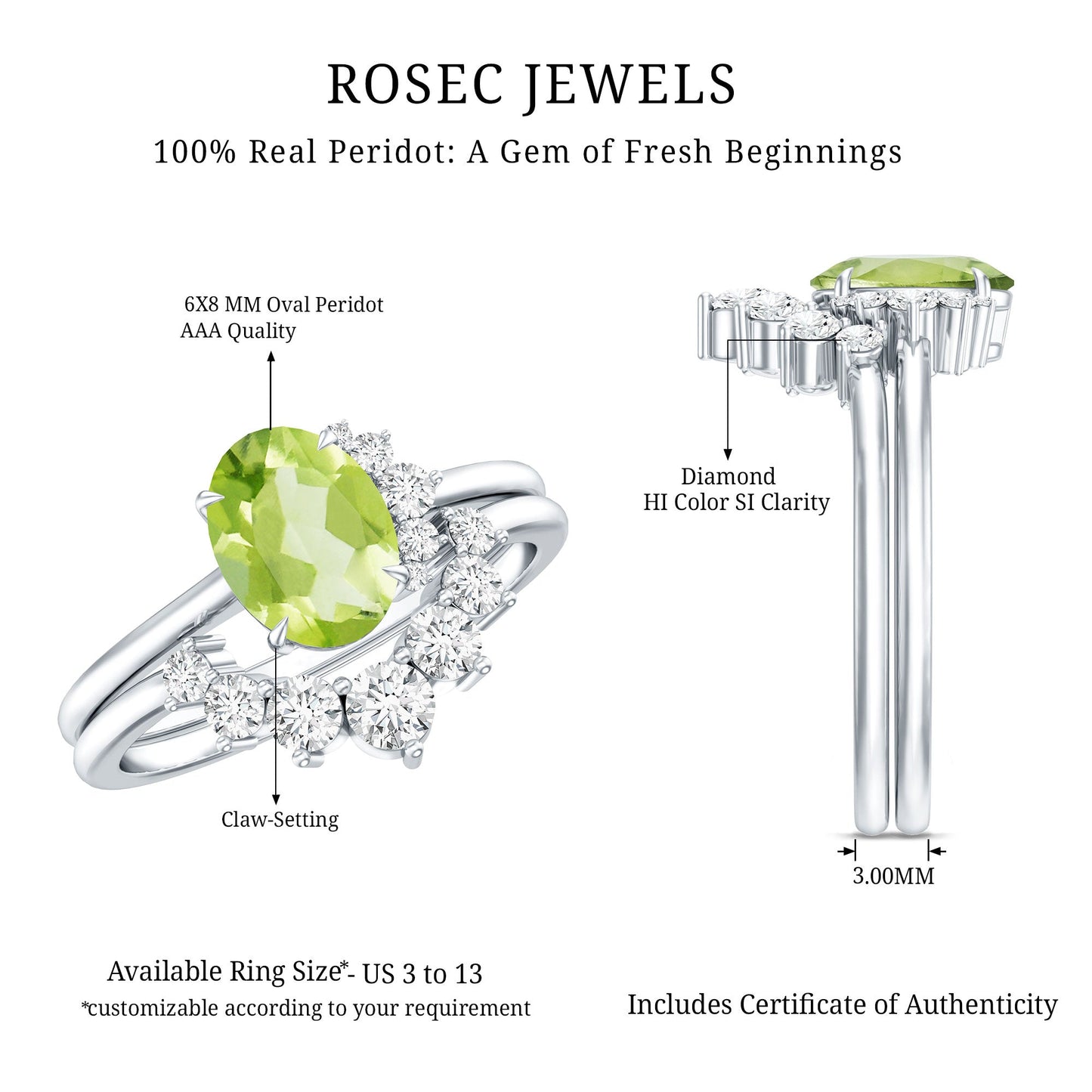 Real 1 Carat Oval Peridot Engagement Ring with Diamond Wedding Band