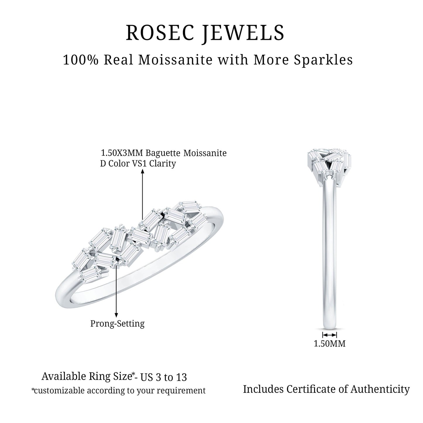 Baguette Moissanite Anniversary Ring in Prong Setting