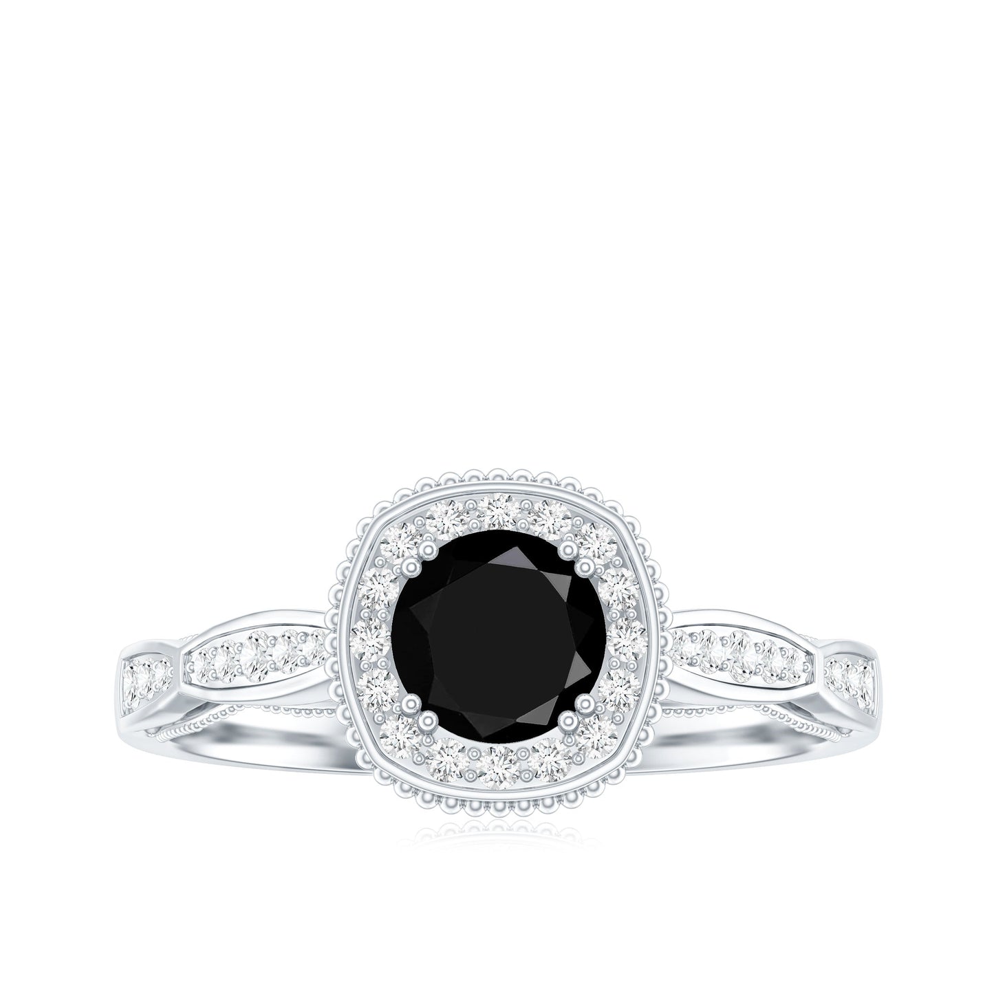 0.4 Carat Round Shape Black Onyx Vintage Engagement Ring with Diamond Halo