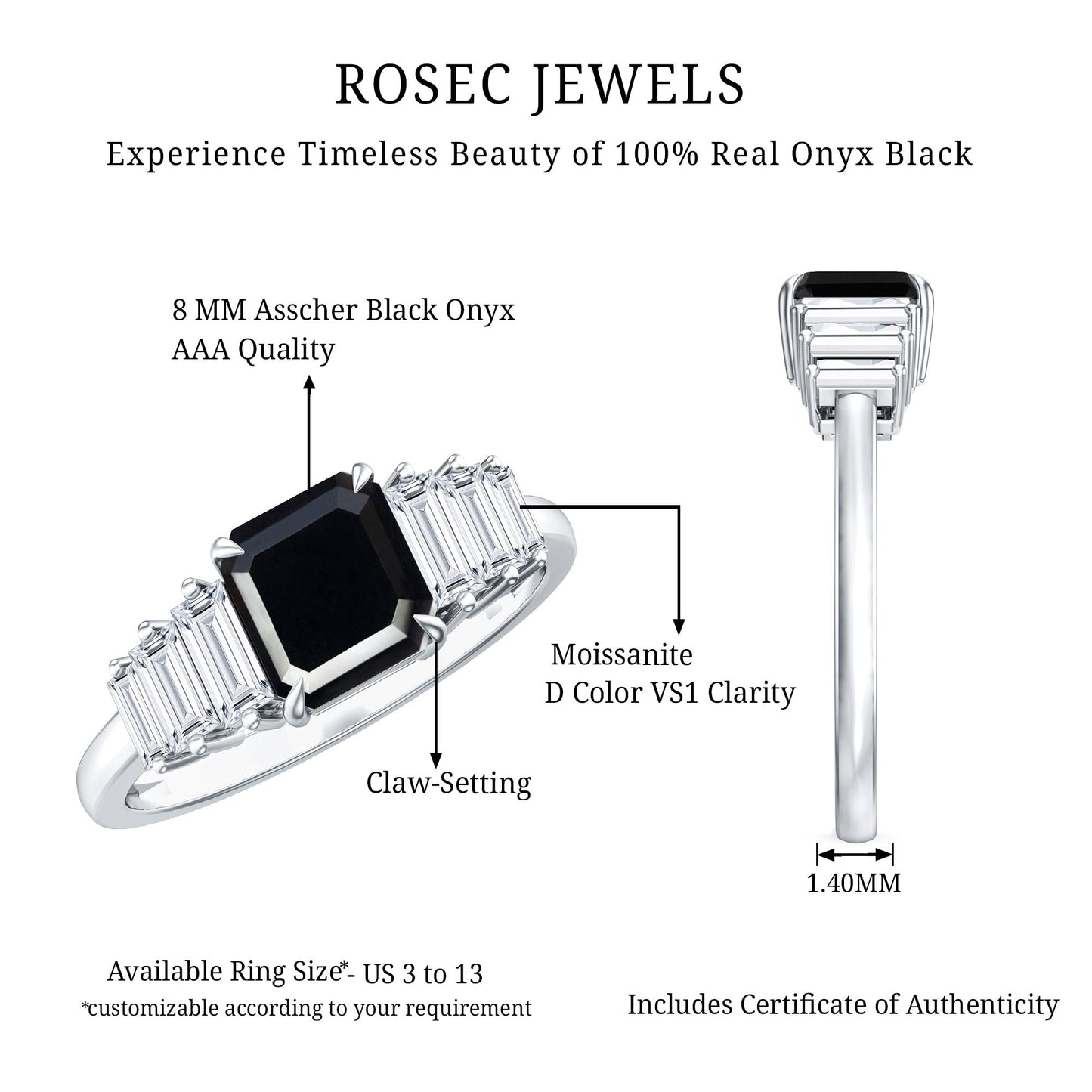 Asscher Cut Black Onyx Engagement Ring with Baguette Moissanite