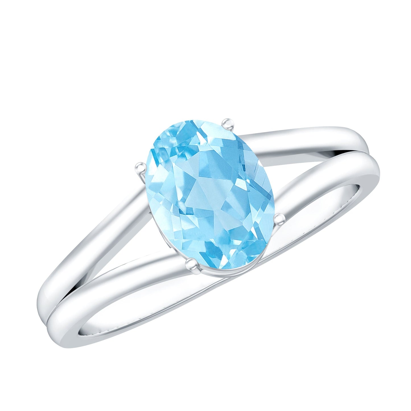 Genuine Oval Aquamarine Solitaire Engagement Ring in Split Shank