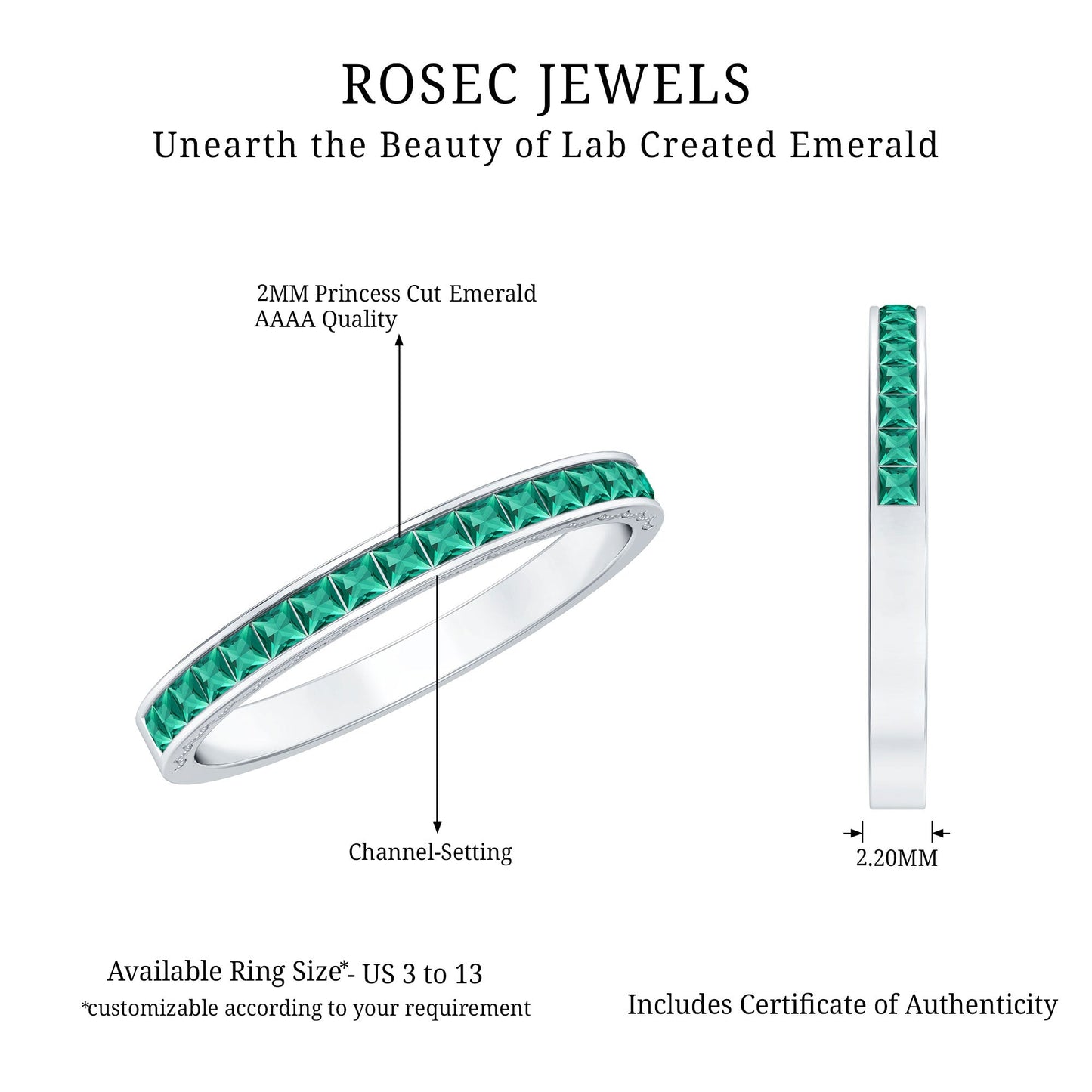 Certified Princess Cut Lab Grown Emerald Eternity Ring