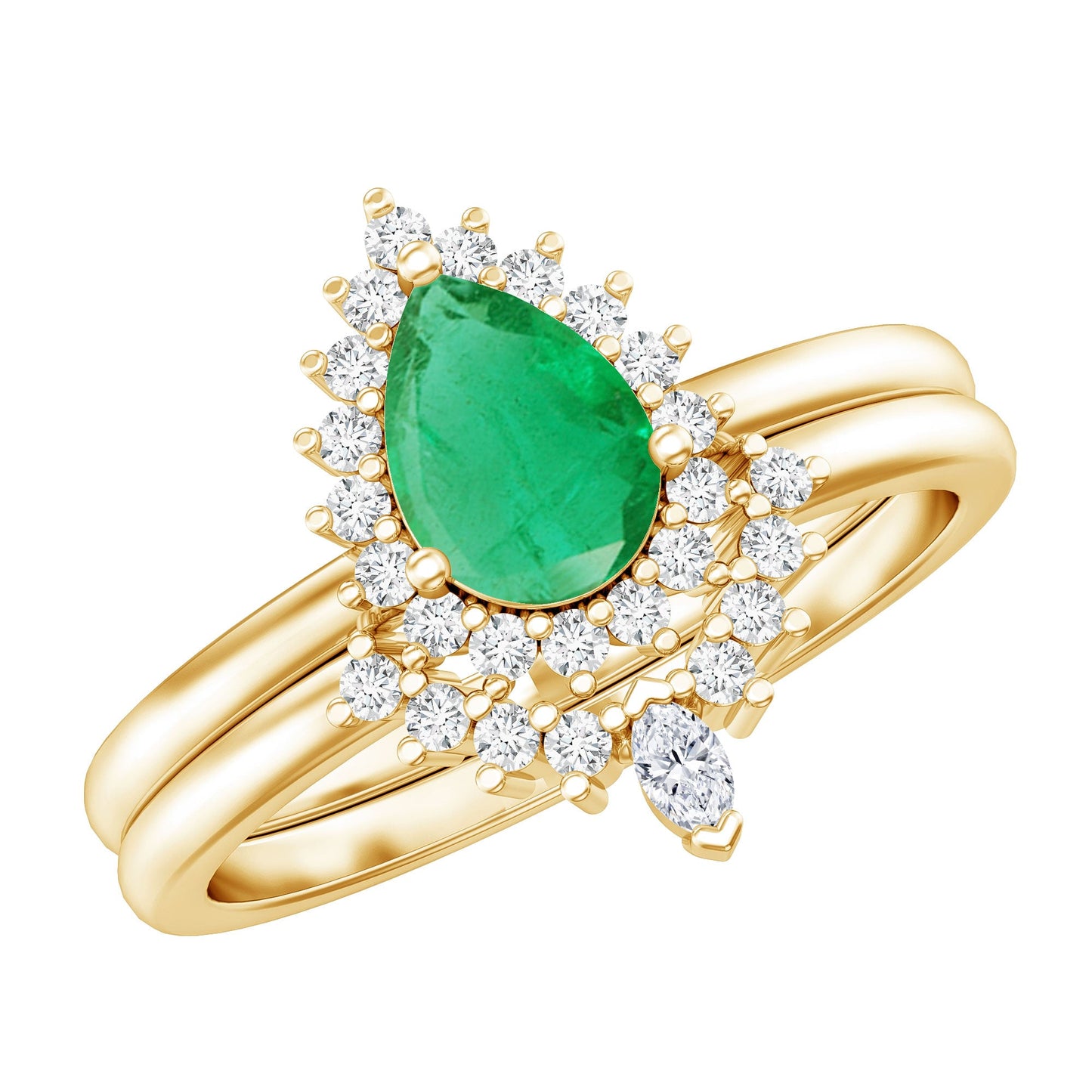 Natural Emerald Diamond Pear Shape Engagement Ring and Wedding Band Set