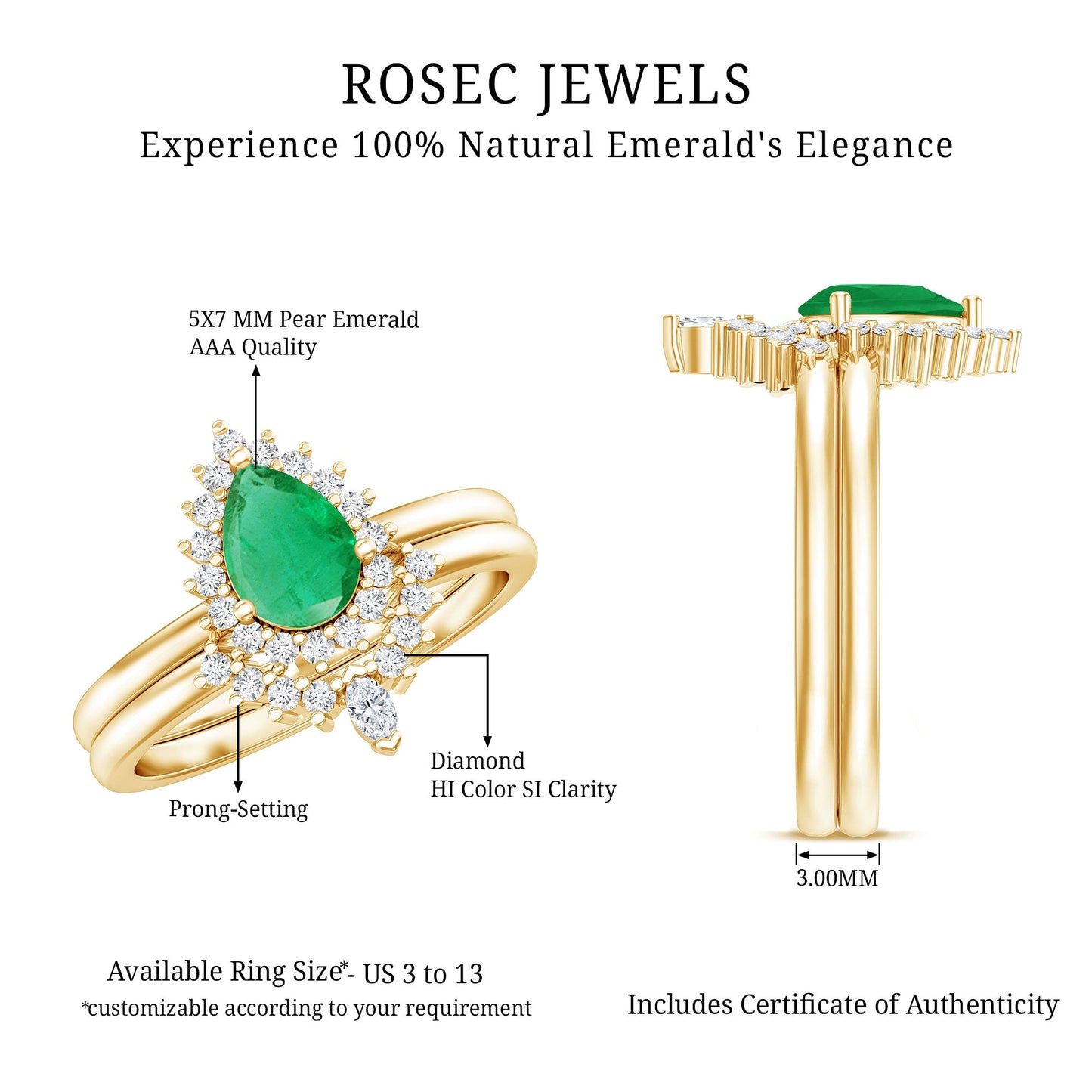 Natural Emerald Diamond Pear Shape Engagement Ring and Wedding Band Set